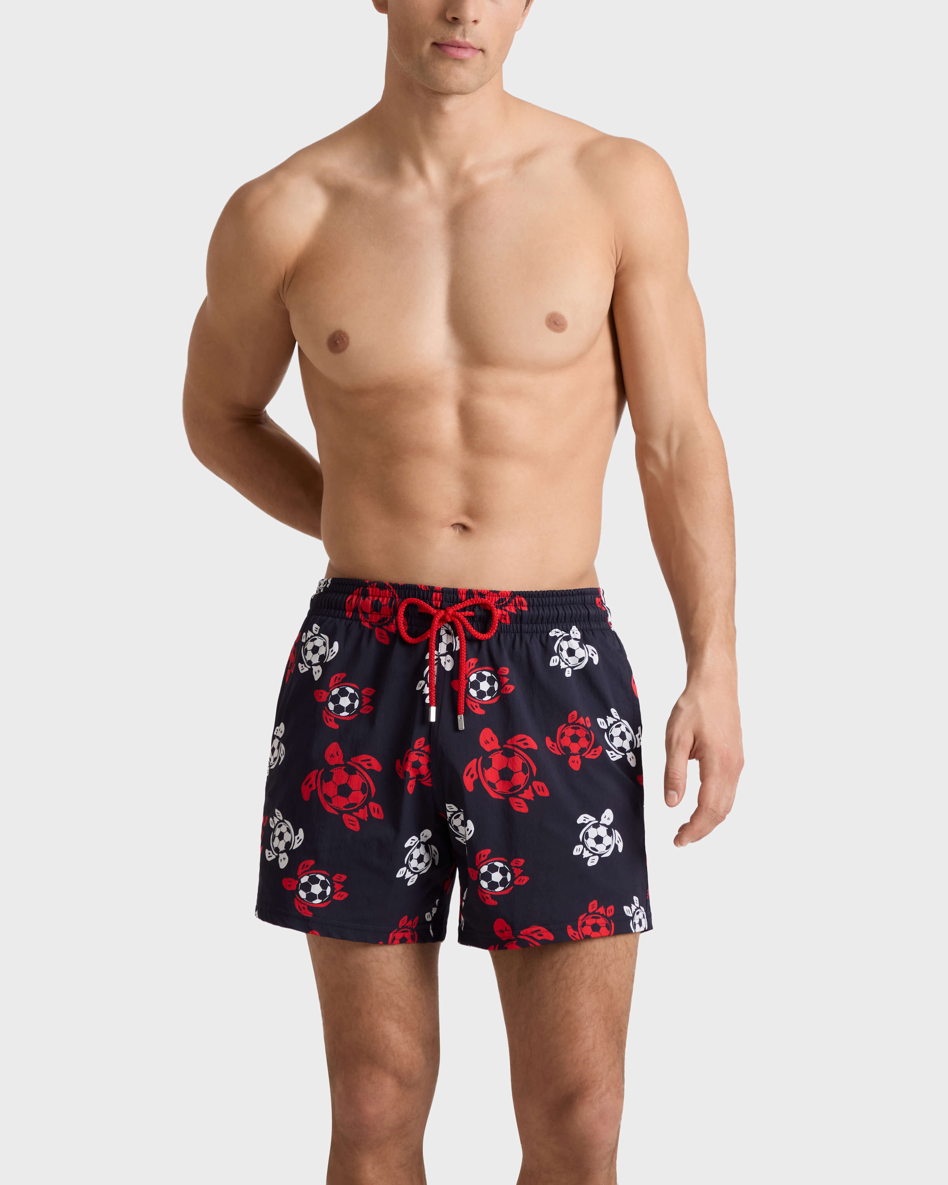 Soccer Turtles Stretch-Badeshorts für Herren MARINEBLAU frontworn view