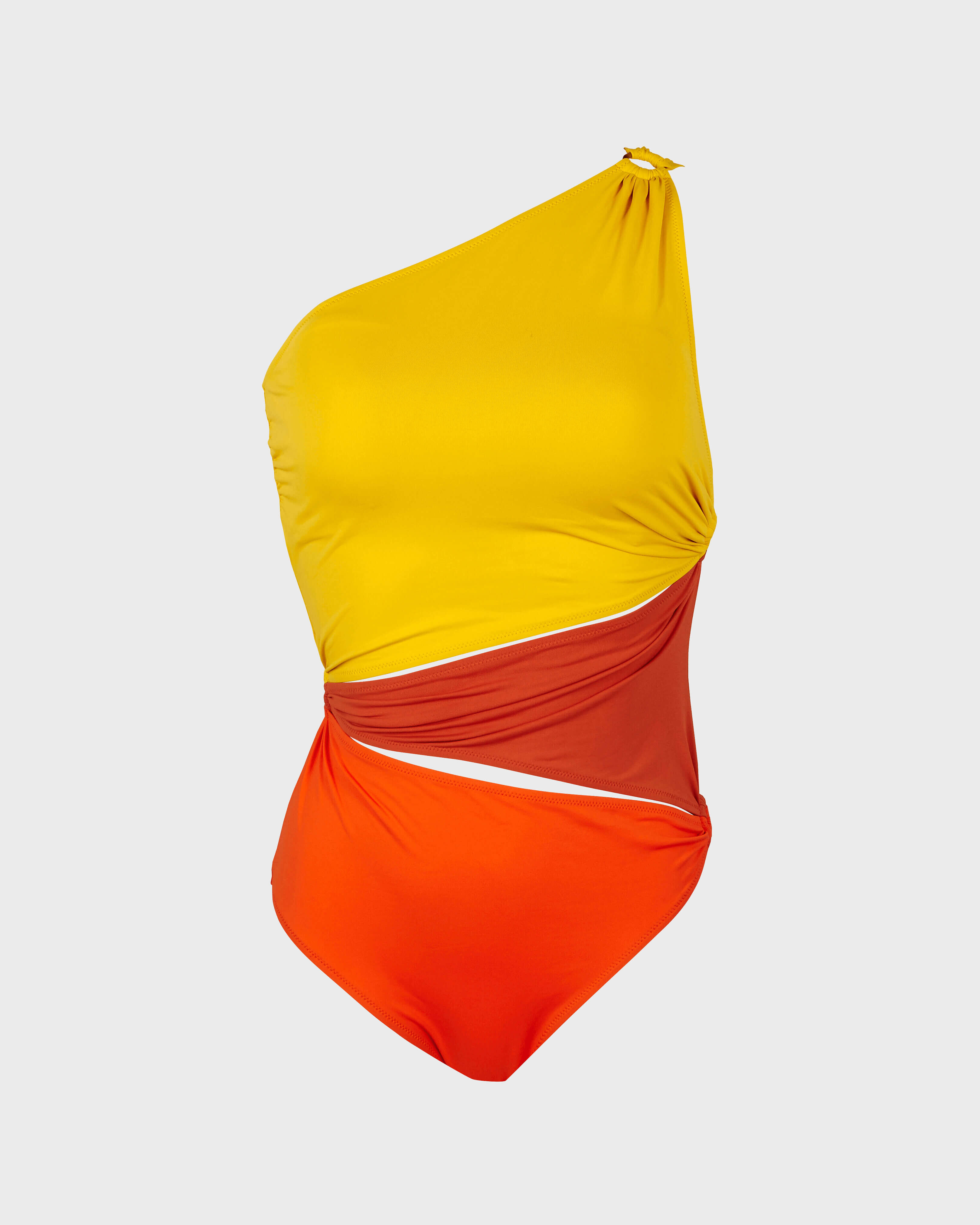 Women Asymmetric One-piece Swimsuit Ringand Opening CURRY front view