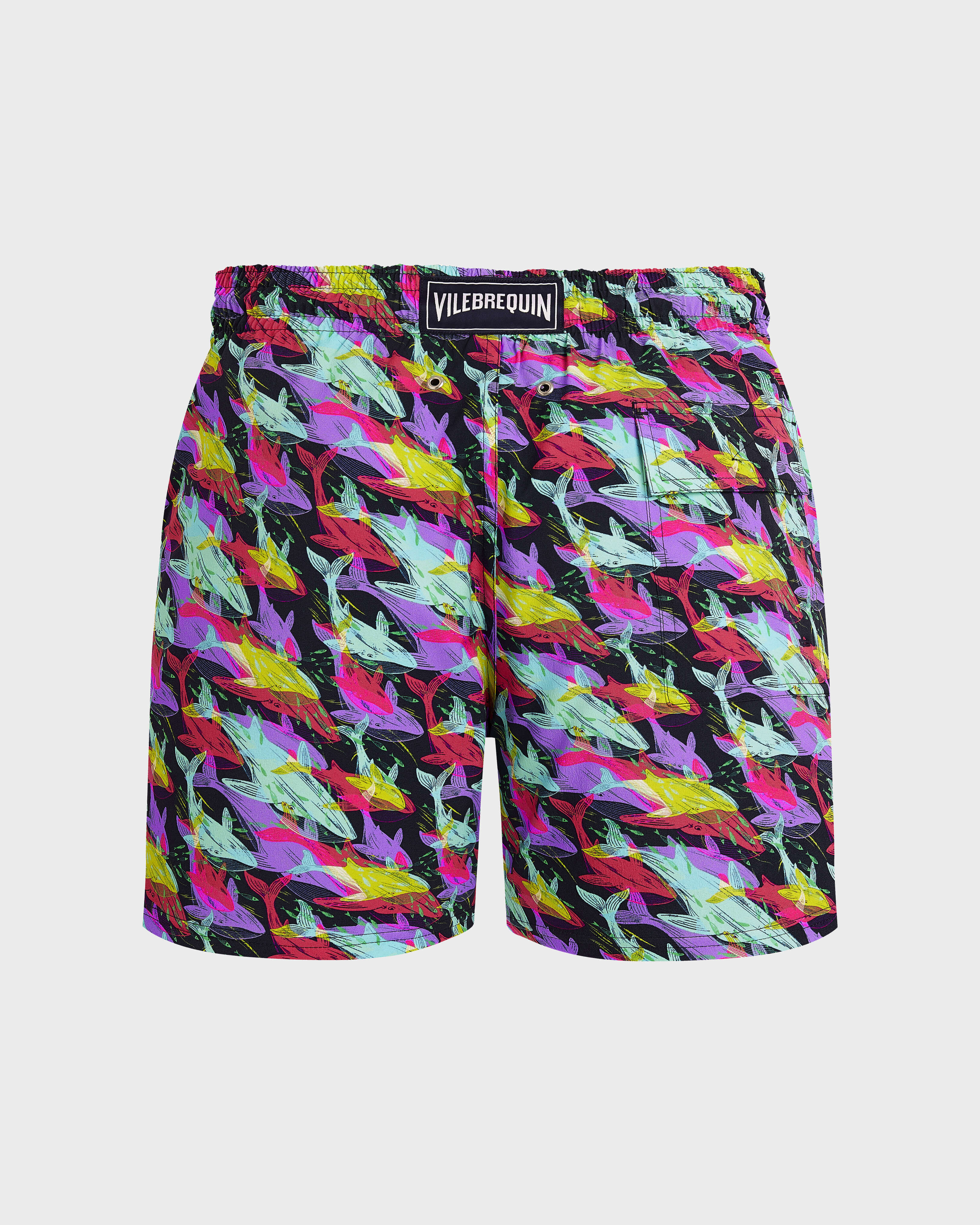 Pantaloncini mare uomo corti elasticizzati Whales Offset BLU MARINE back view