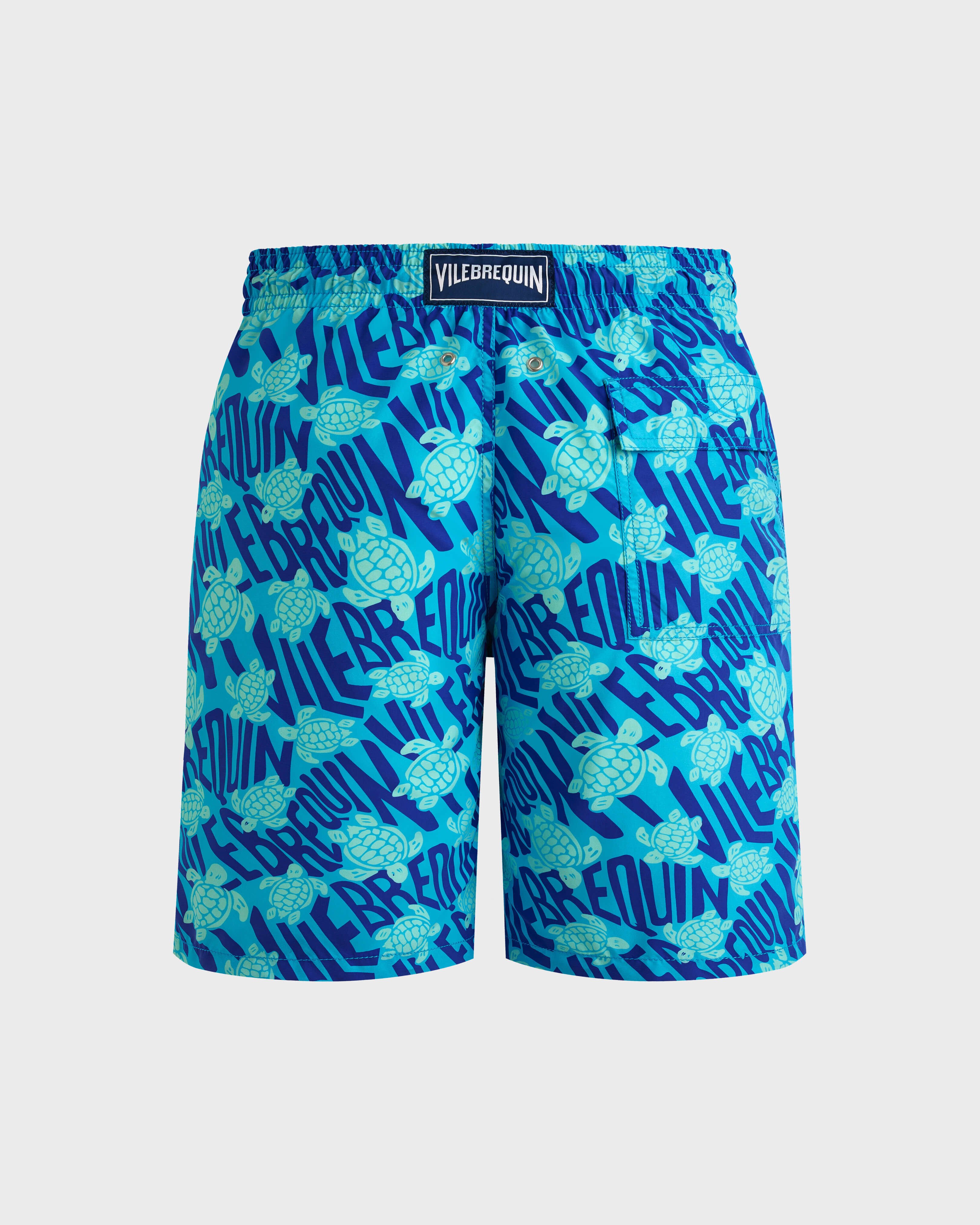 Men Long Swim Trunks Ronde des Tortues Logo BLUE TOPAZ back view