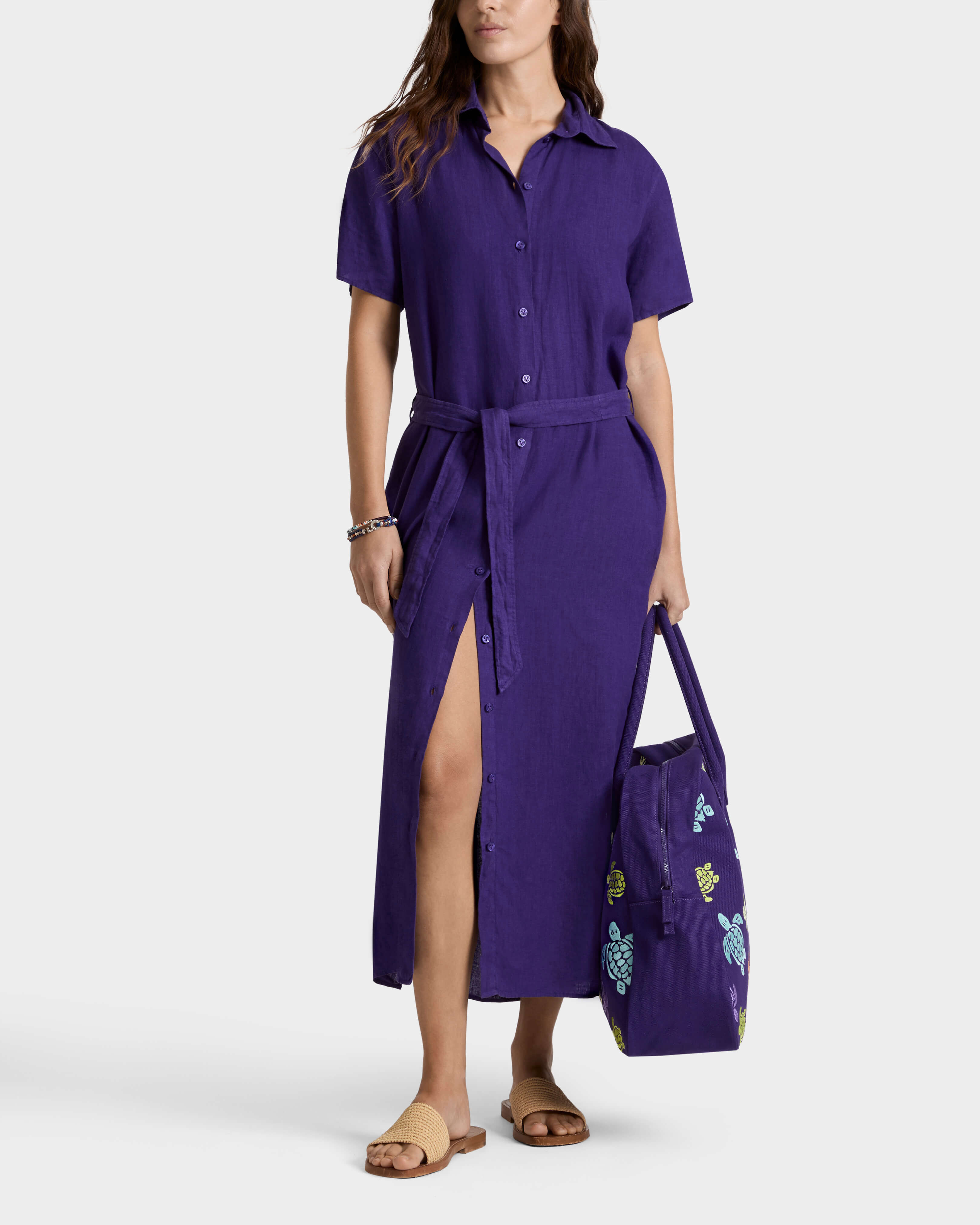 Robe chemise en lin femme unie VIOLETTE frontworn view