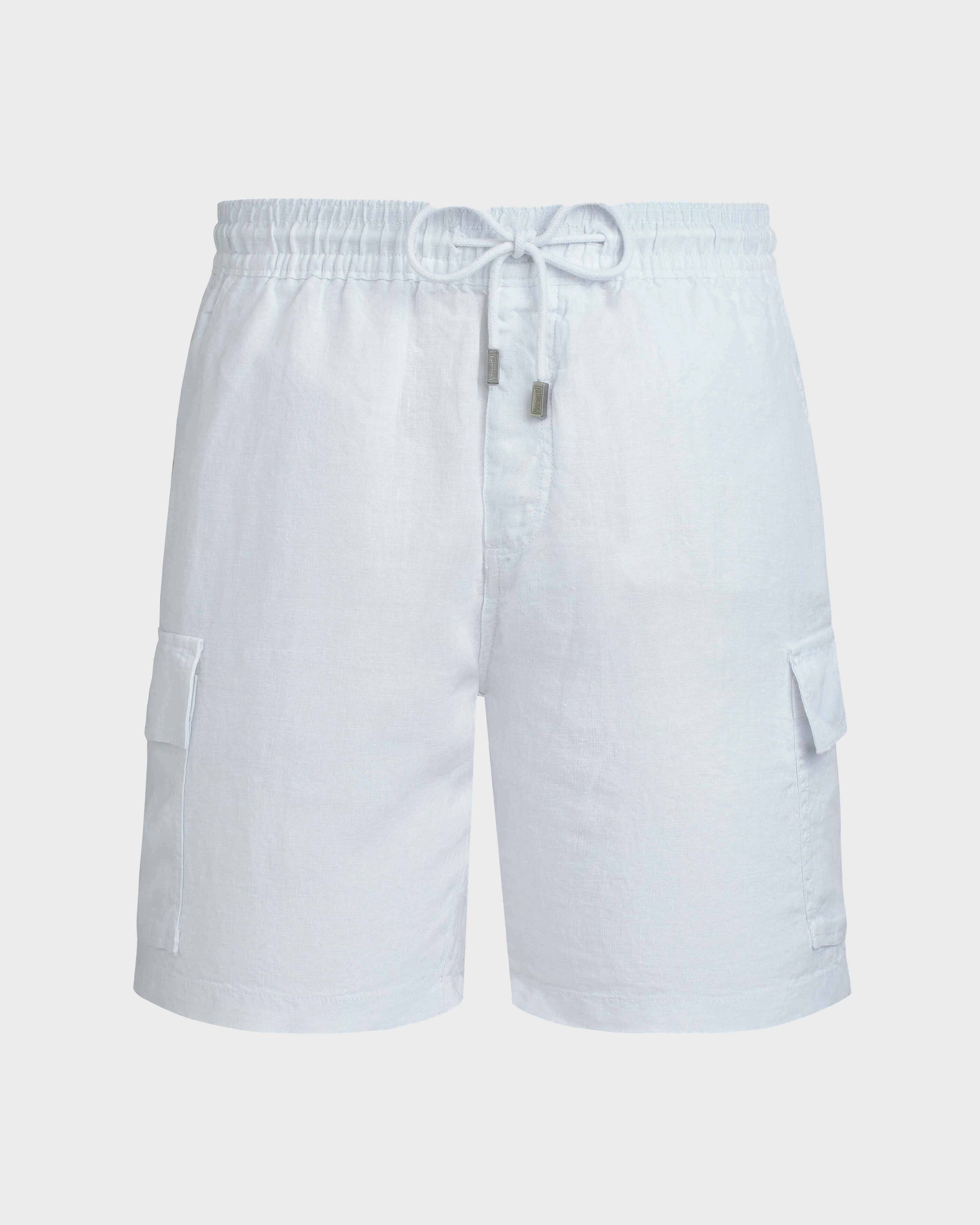 Men Linen Bermuda Shorts Cargo Pockets WHITE front view