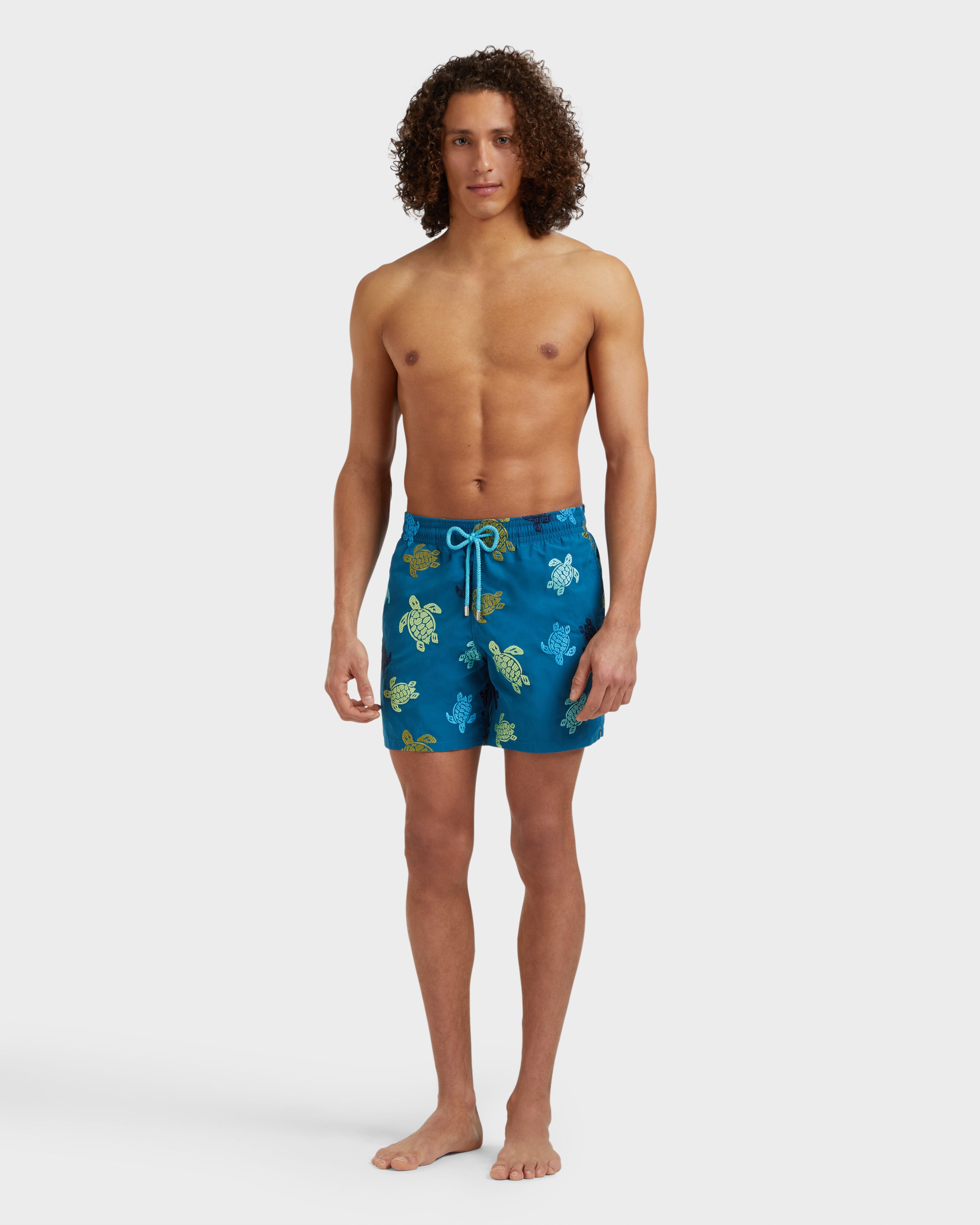 Men Swim Shorts Embroidered Tortue Multicolore - Limited Edition PEACOCK frontworn view