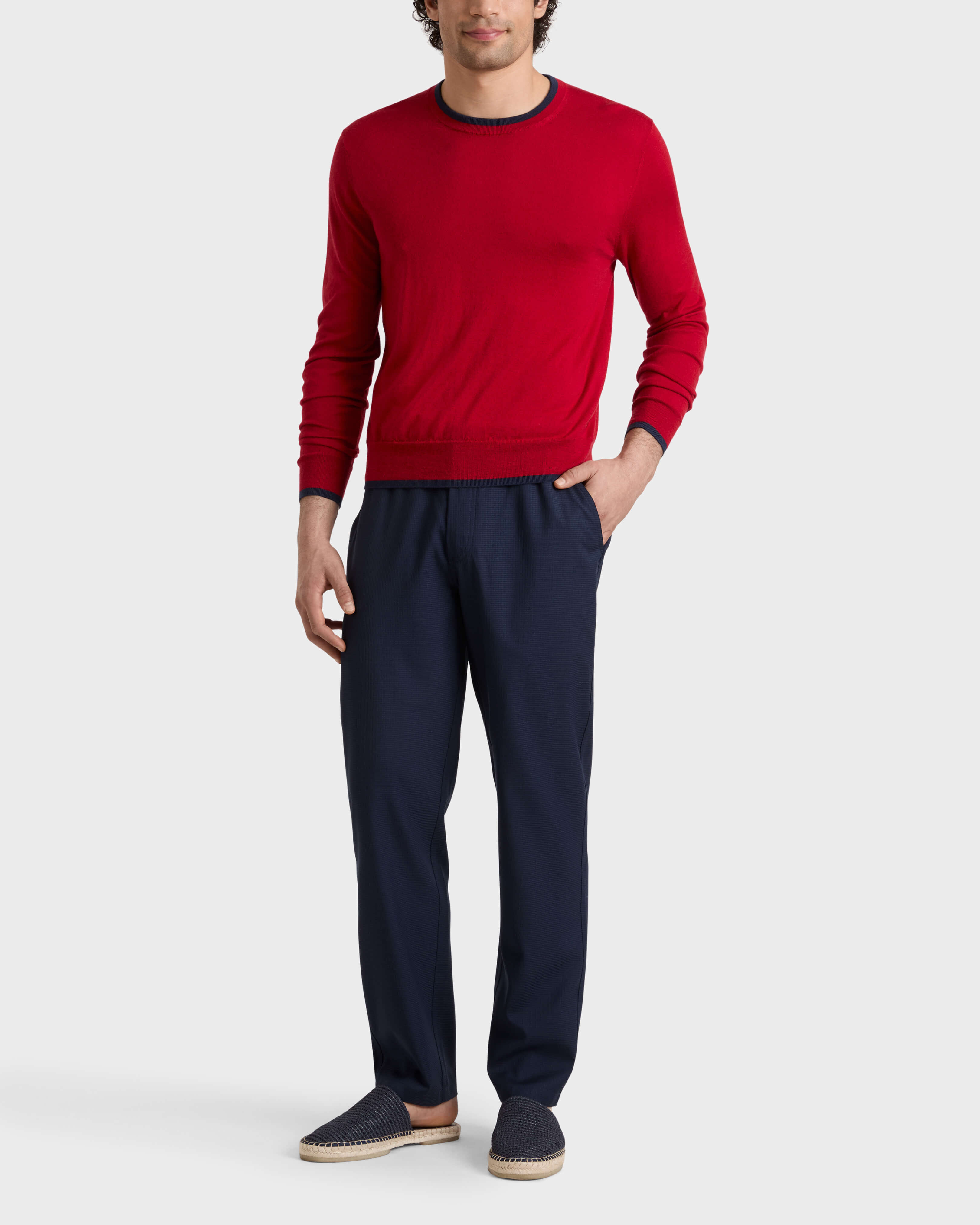 Pantalon en laine Super 120's homme Micro Carreaux BLEU MARINE frontworn view