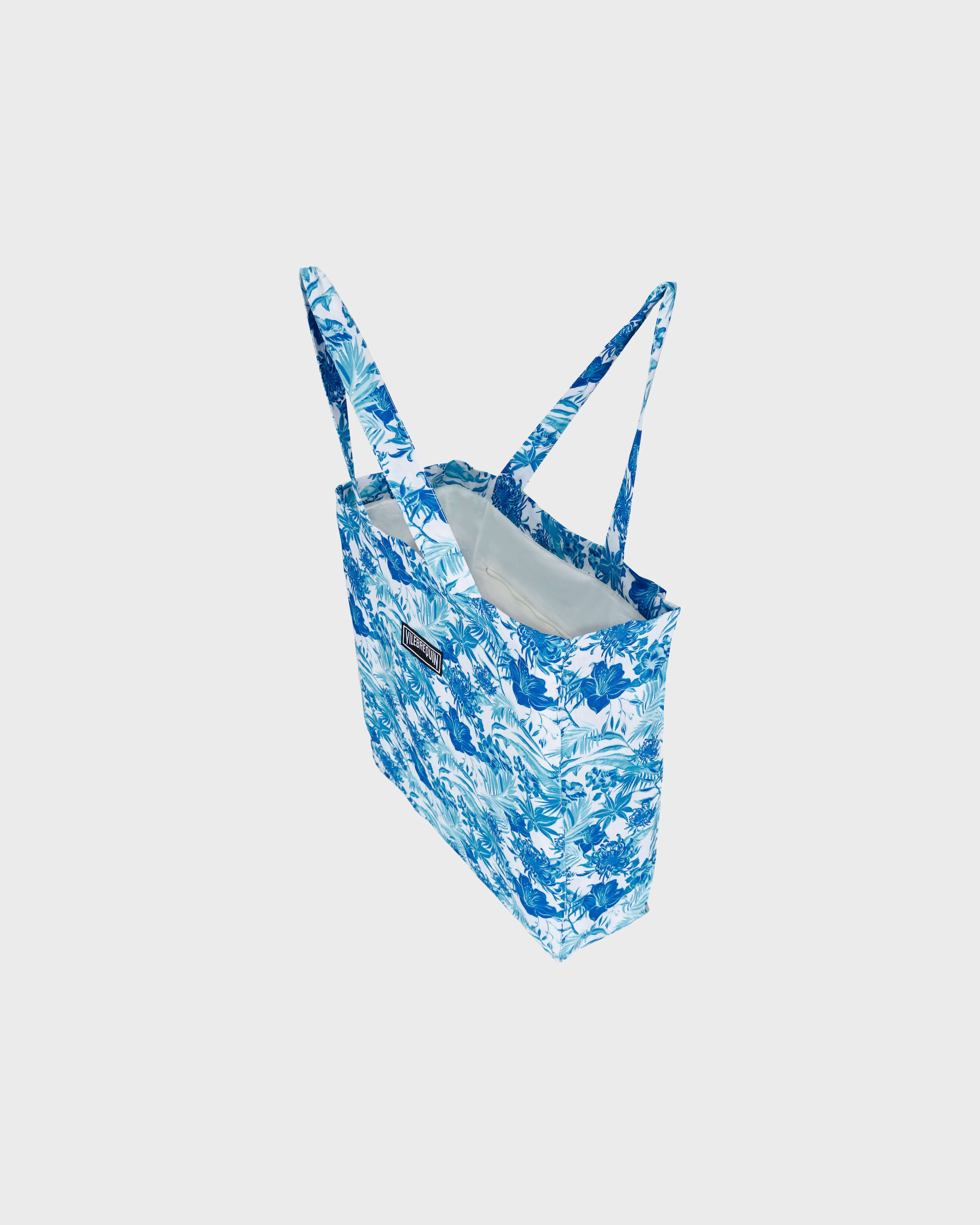 Tote bag de plage en lin unisexe Tahiti Flowers BLANC frontworn view