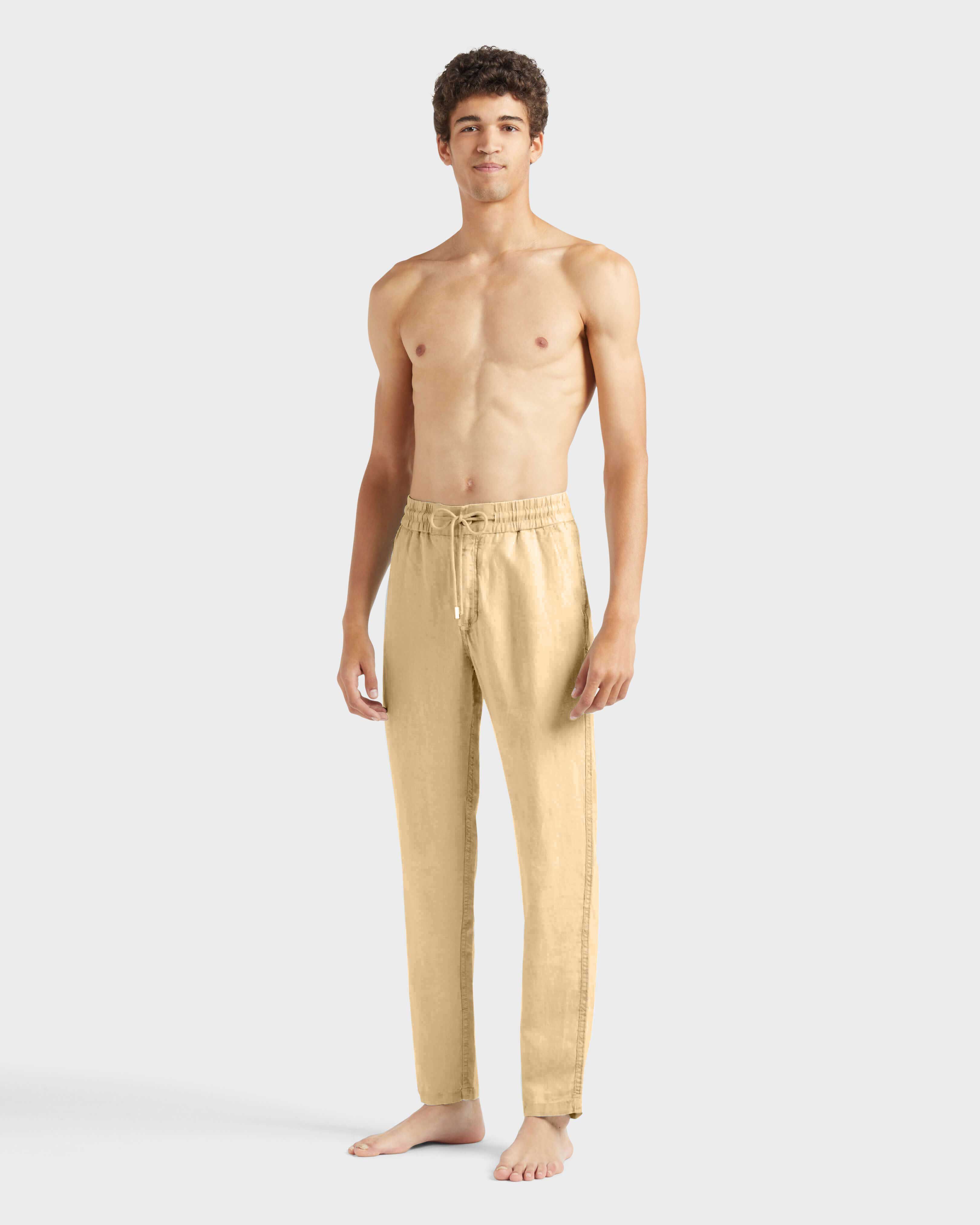 Men Linen Pants Regular Fit Natural Dye MOCHA frontworn view