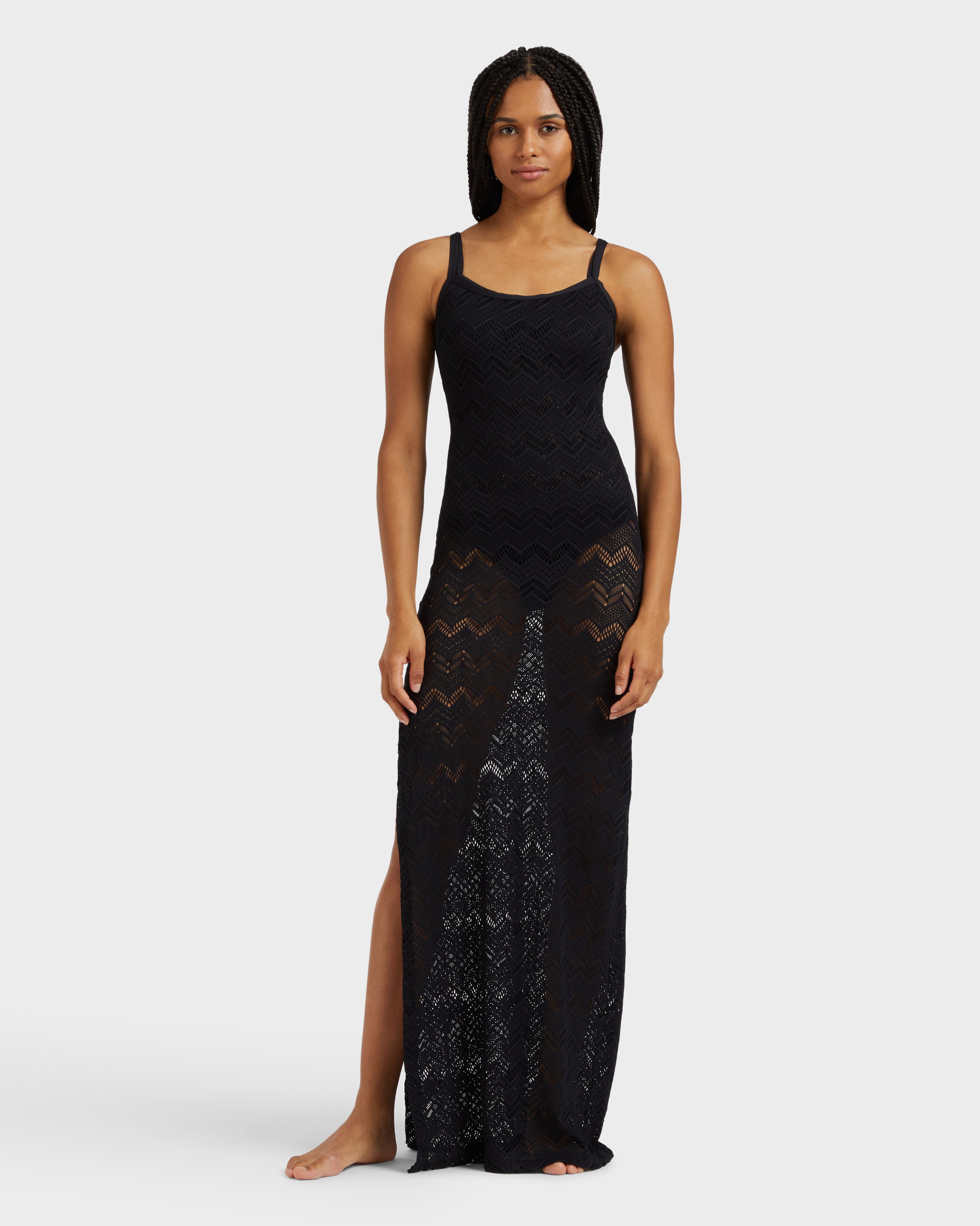 Women Long Mesh Dress BLACK frontworn view