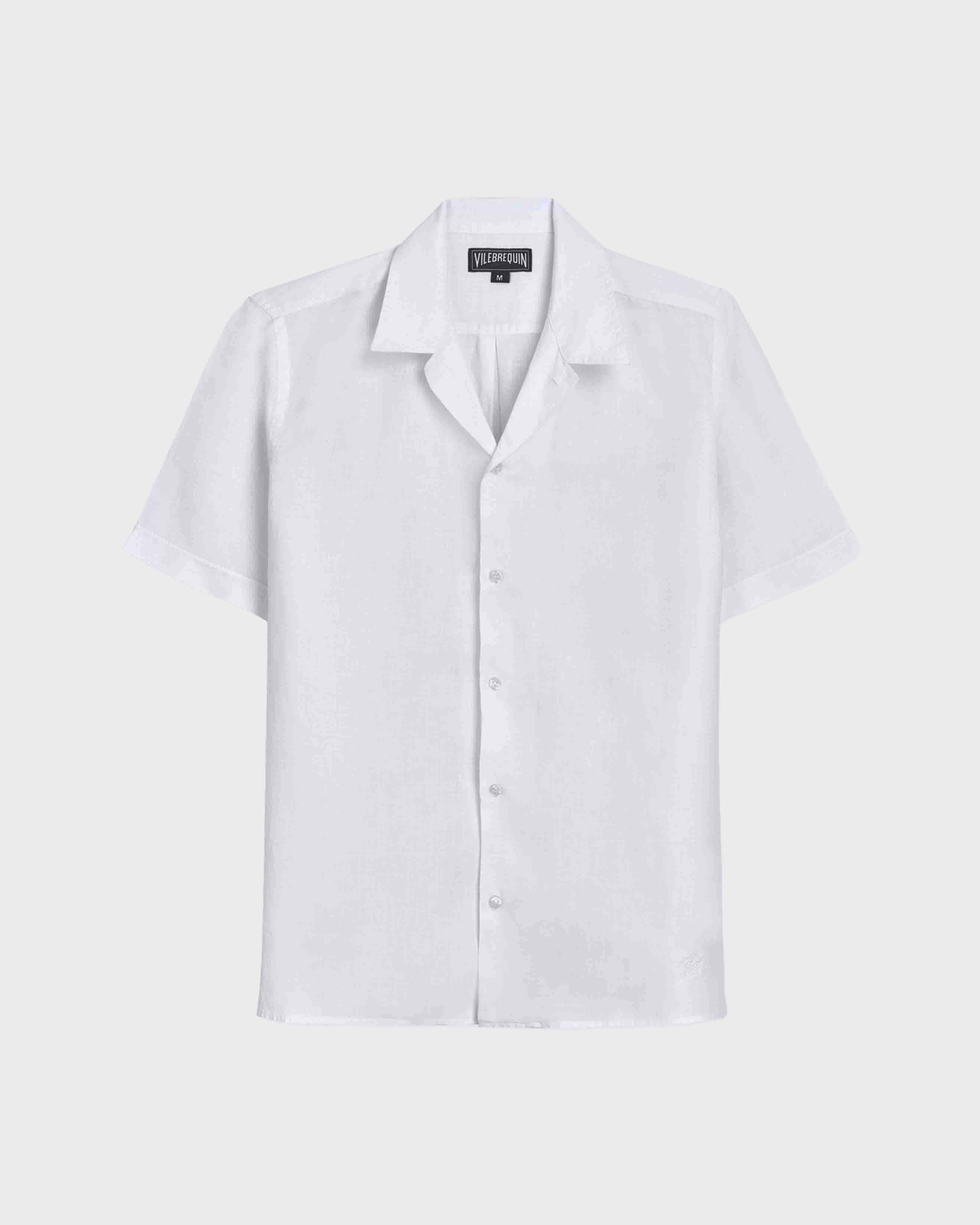 Camisa de lino de manga corta y color liso para hombre BLANCO front view