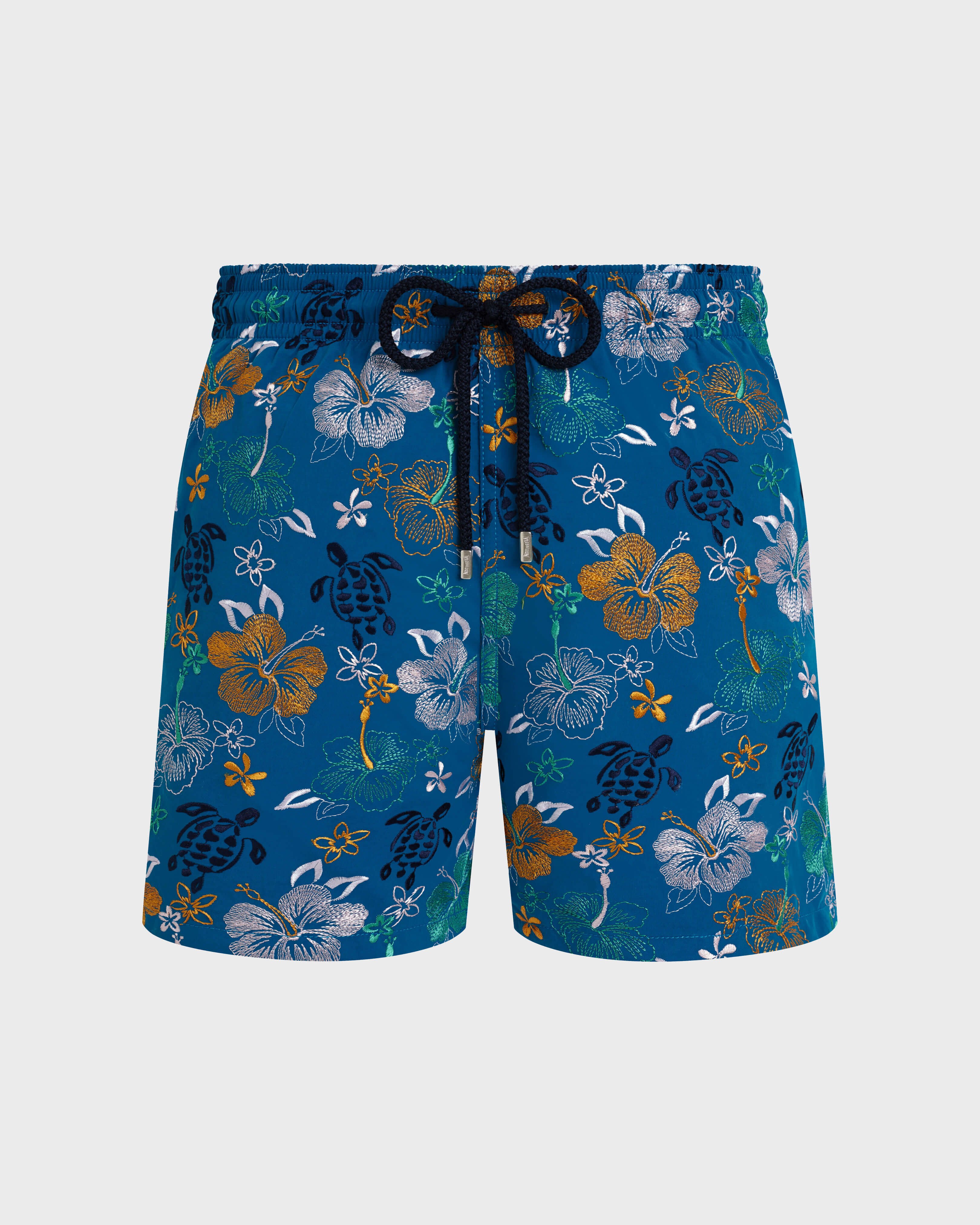 Men Swim Shorts Embroidered Tropical Turtles - Limited Edition PEACOCK front view