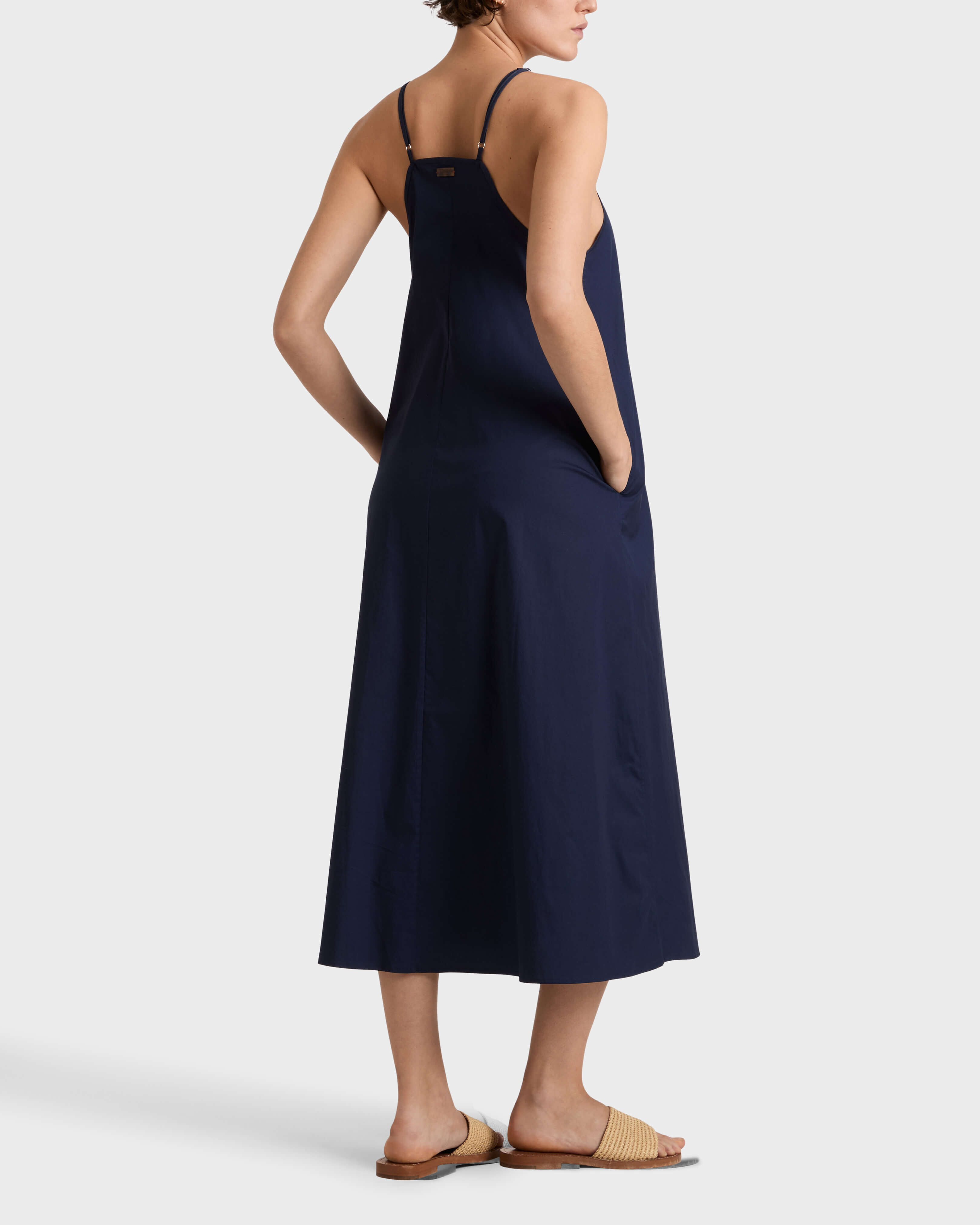 Women Crochet Medallion Poplin Midi Dress NAVY backworn view