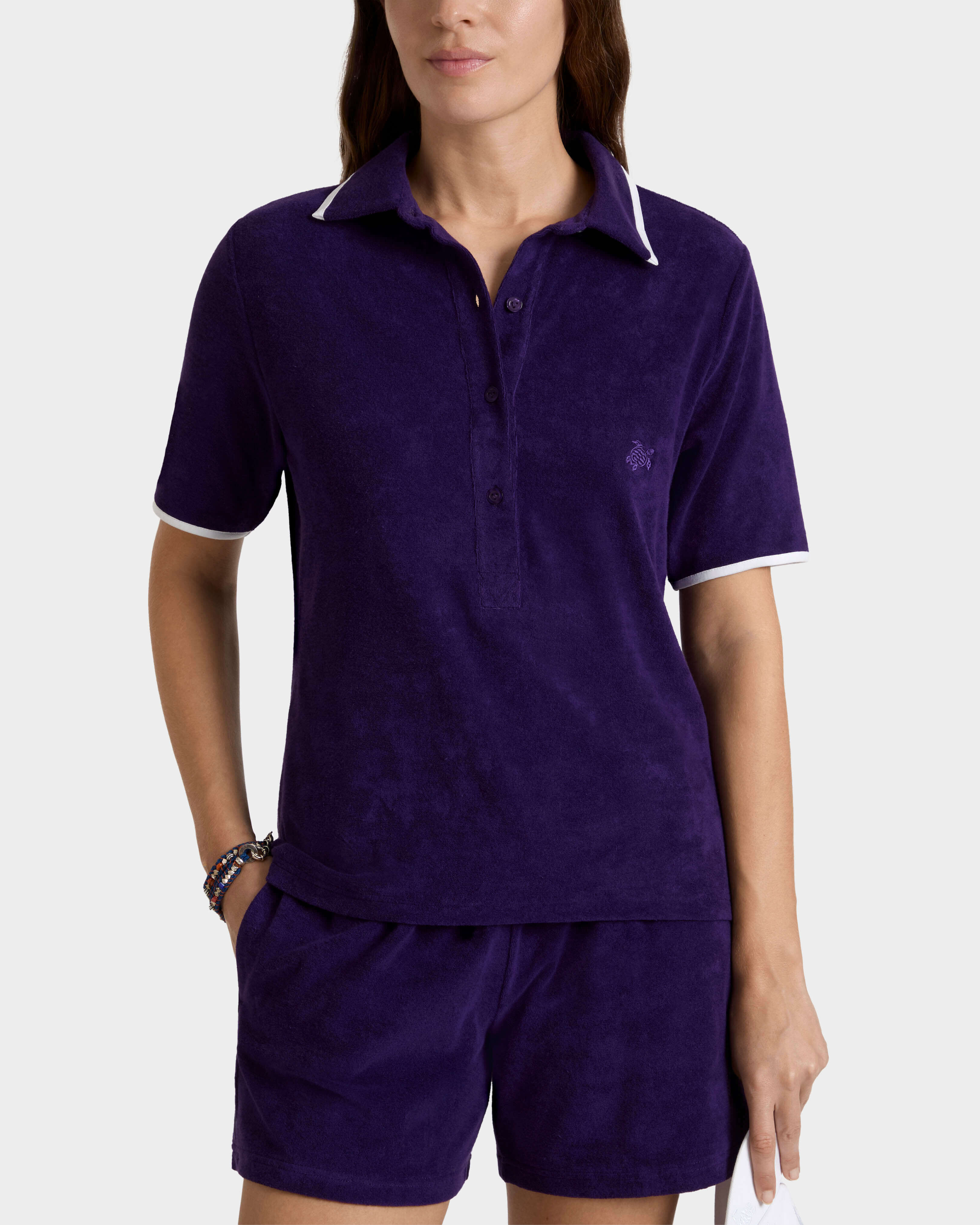 Women Terry Polo Solid VIOLETTE frontworn view