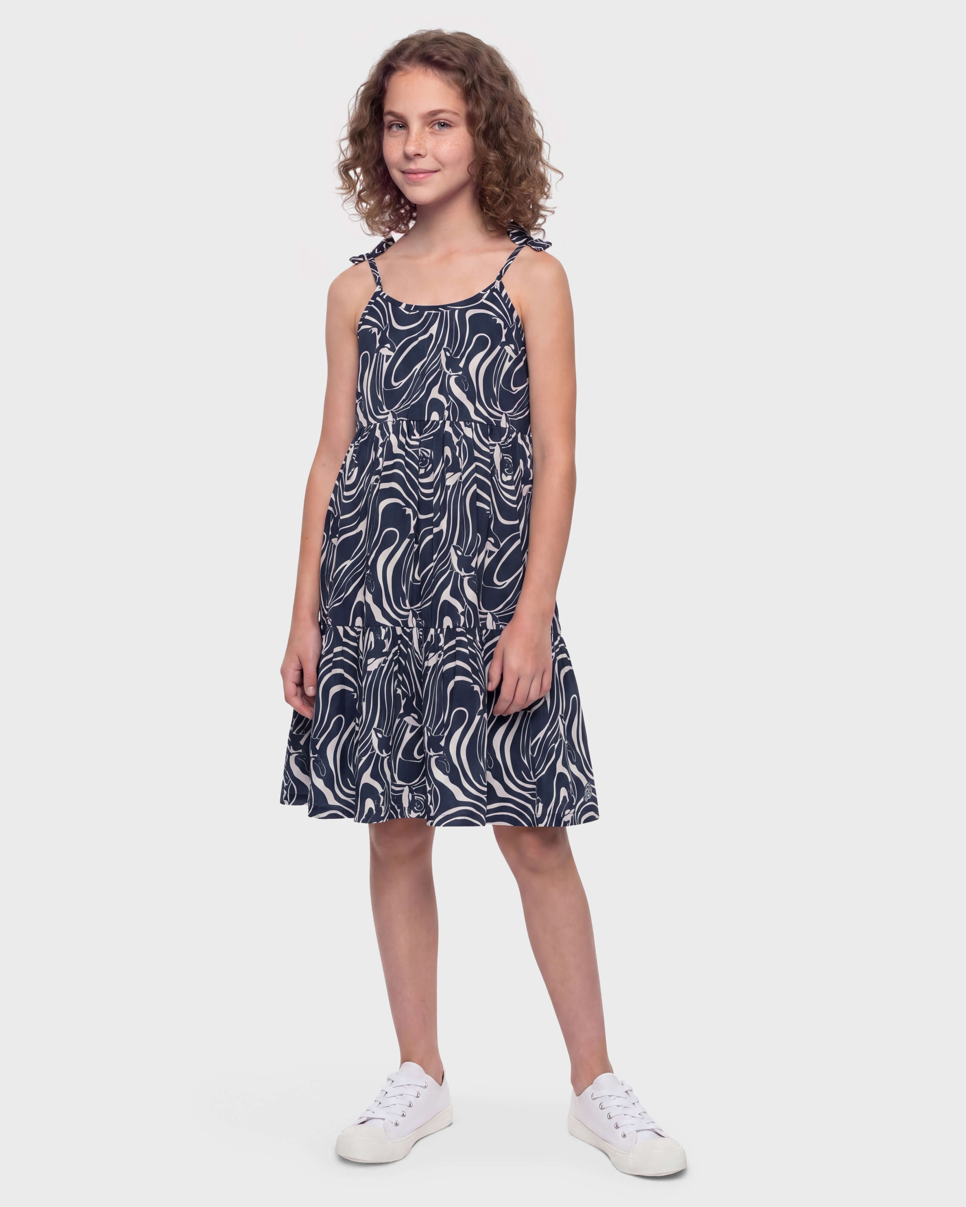 Girls Cotton Dress Orcas NAVY frontworn view