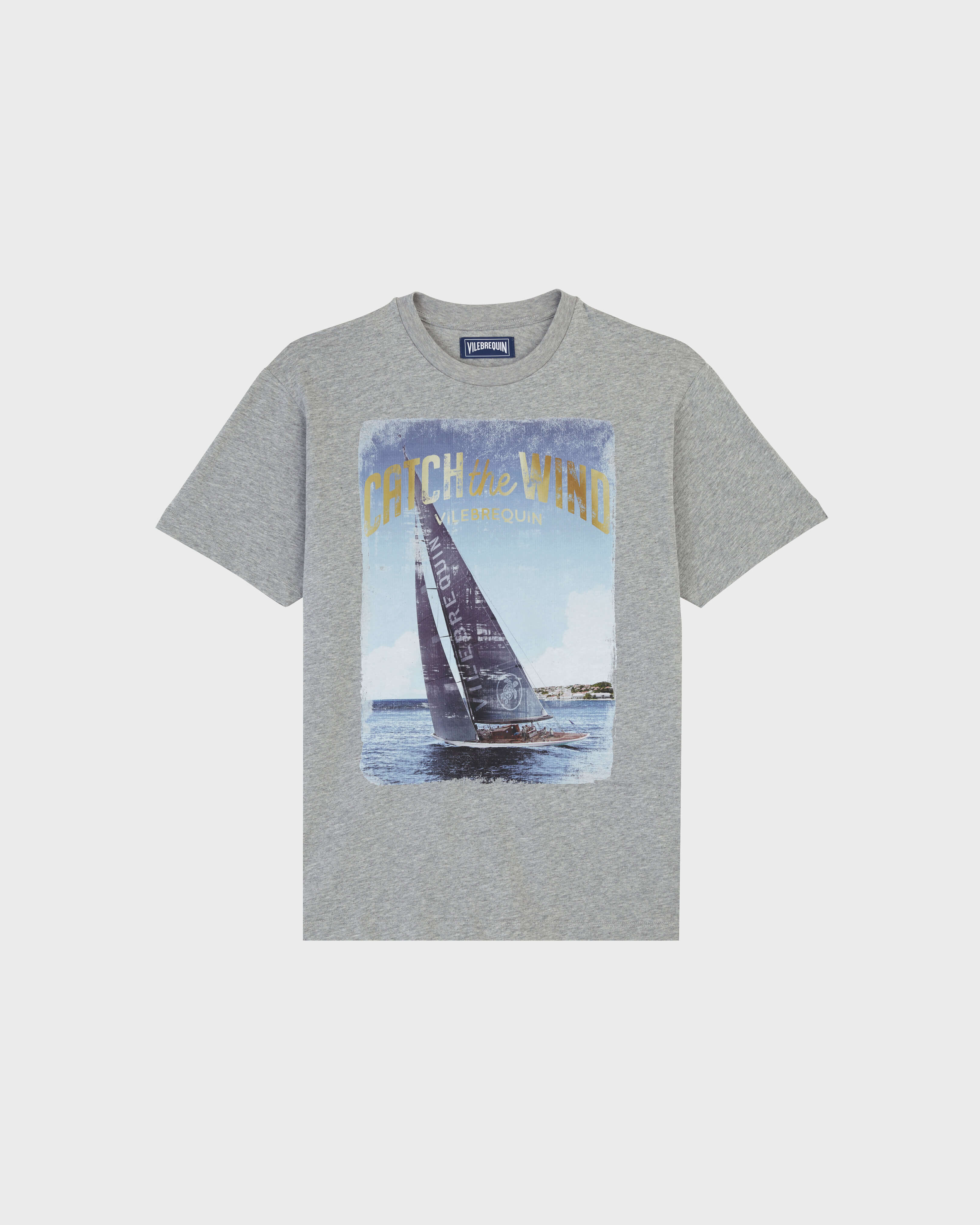 Men Cotton T-Shirt Blue Sailing Boat HEATHER GREY front view