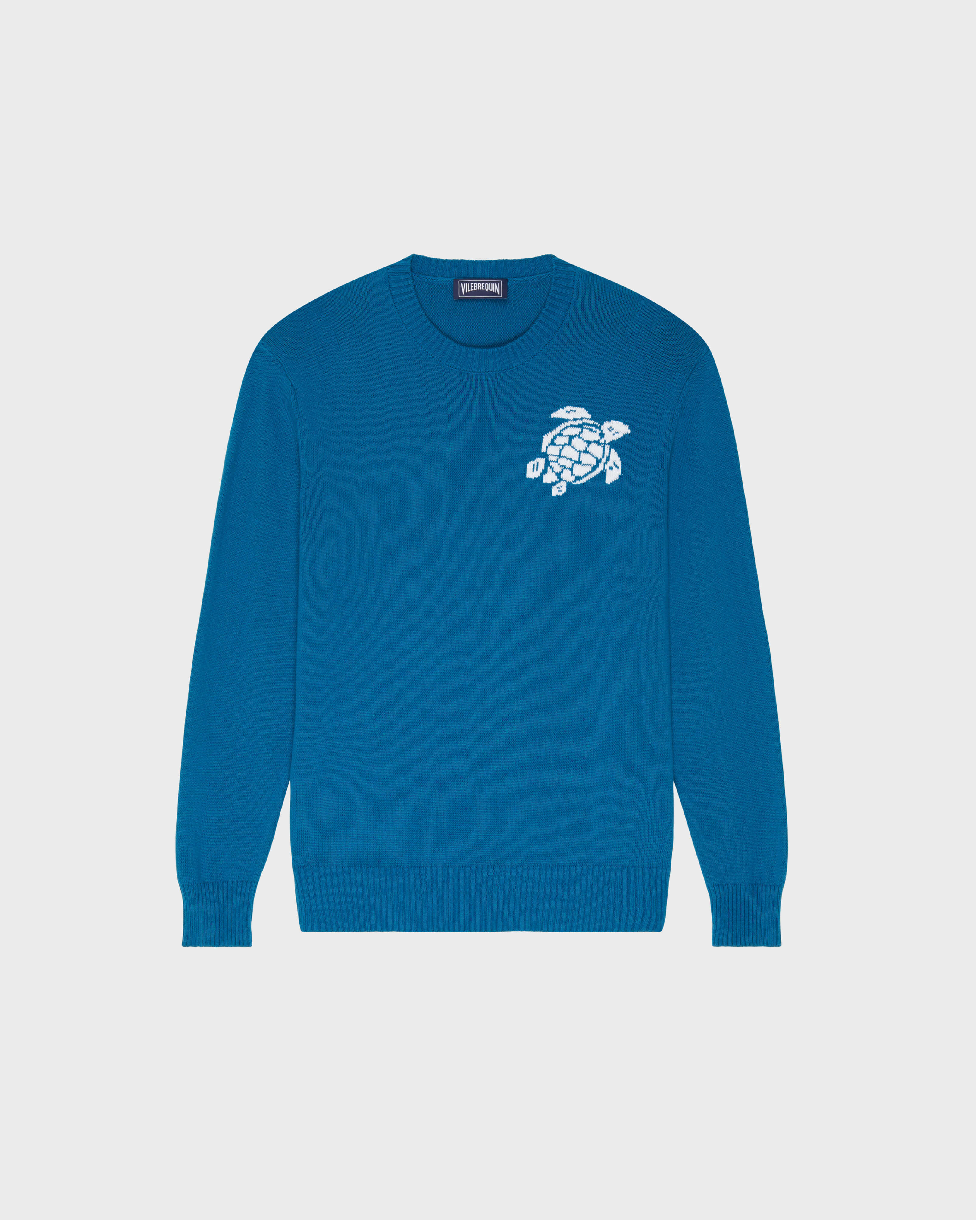 Men Crewneck Cotton and Cashmere Sweater Turtle PEACOCK front view