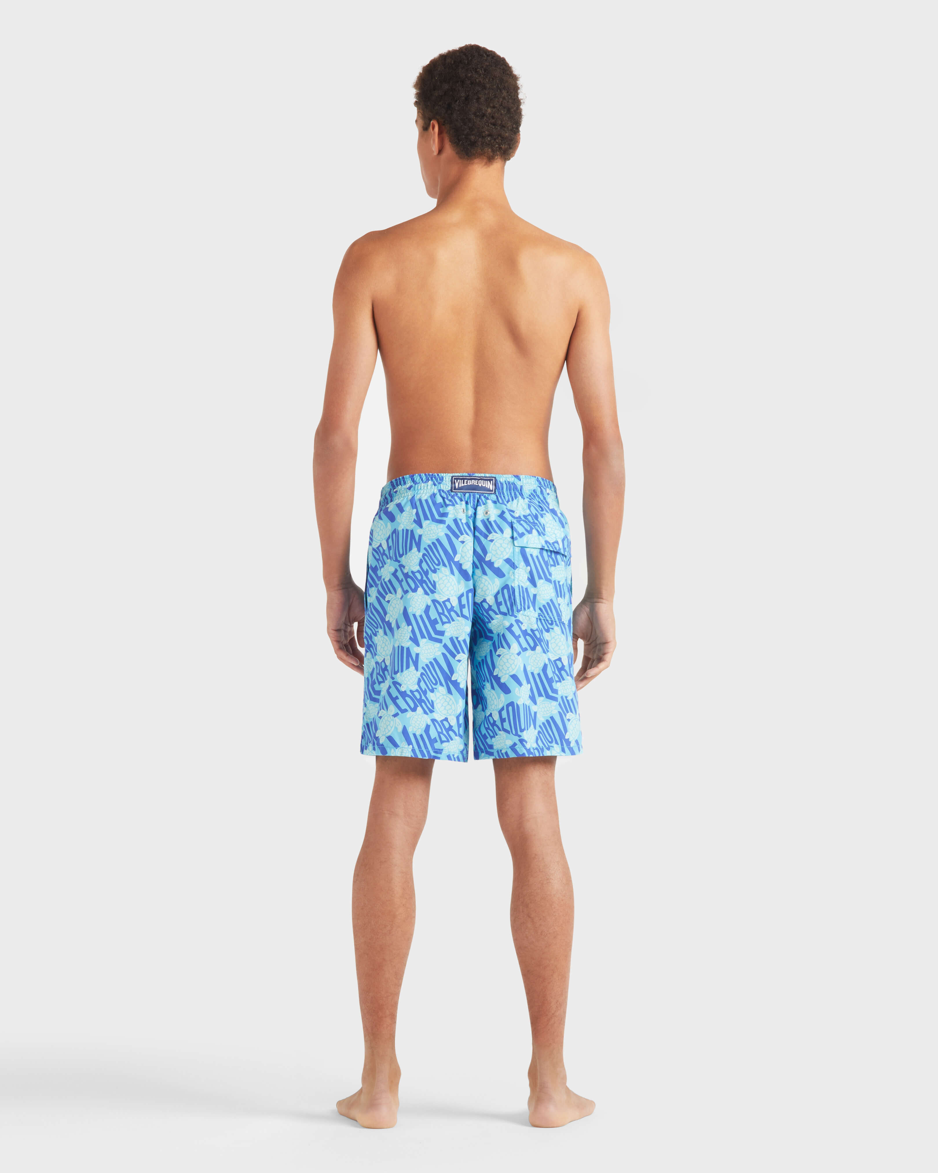 Men Long Swim Trunks Ronde des Tortues Logo BLUE TOPAZ backworn view