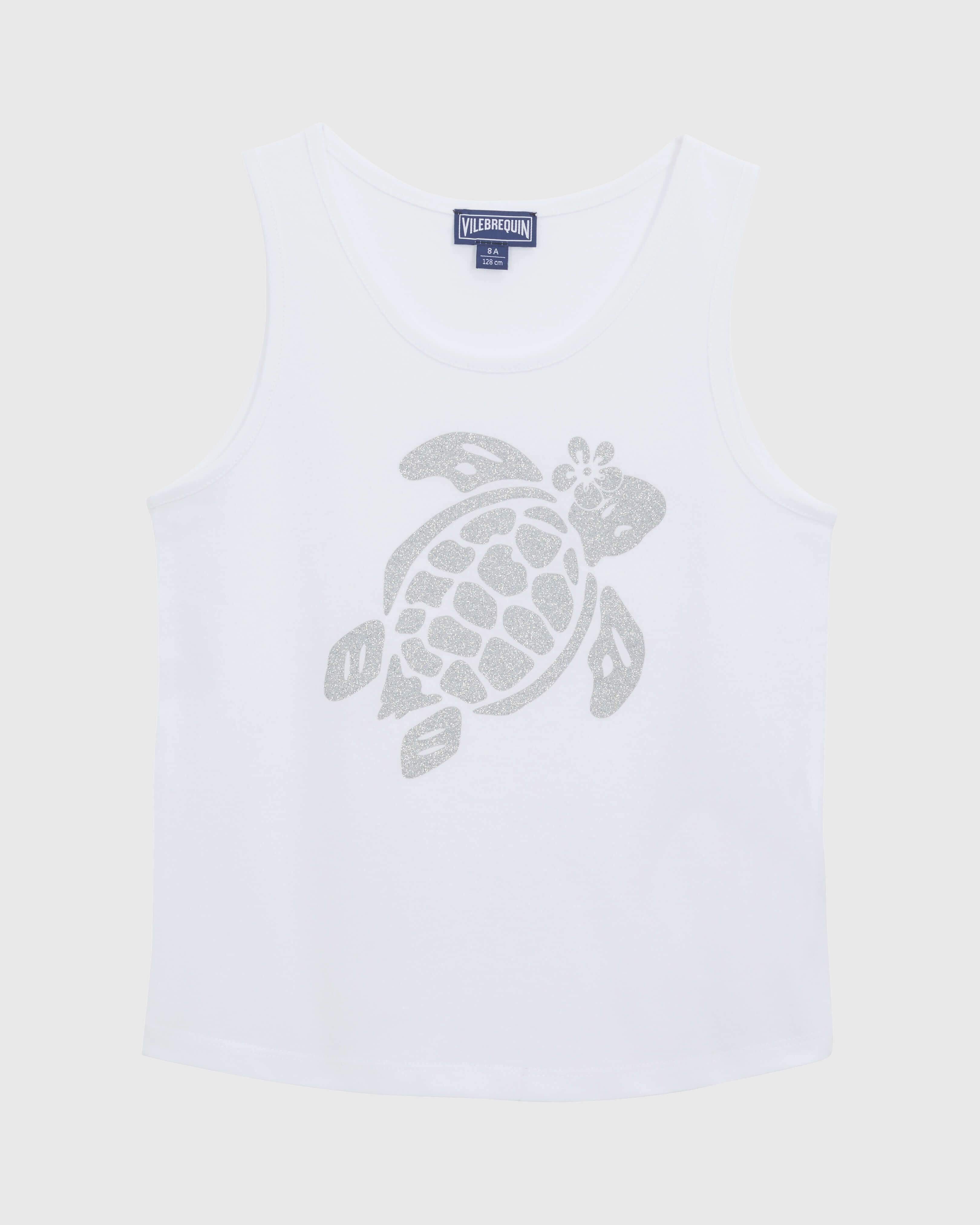 Girls Cotton Tank Top Turtle Glitter WHITE front view