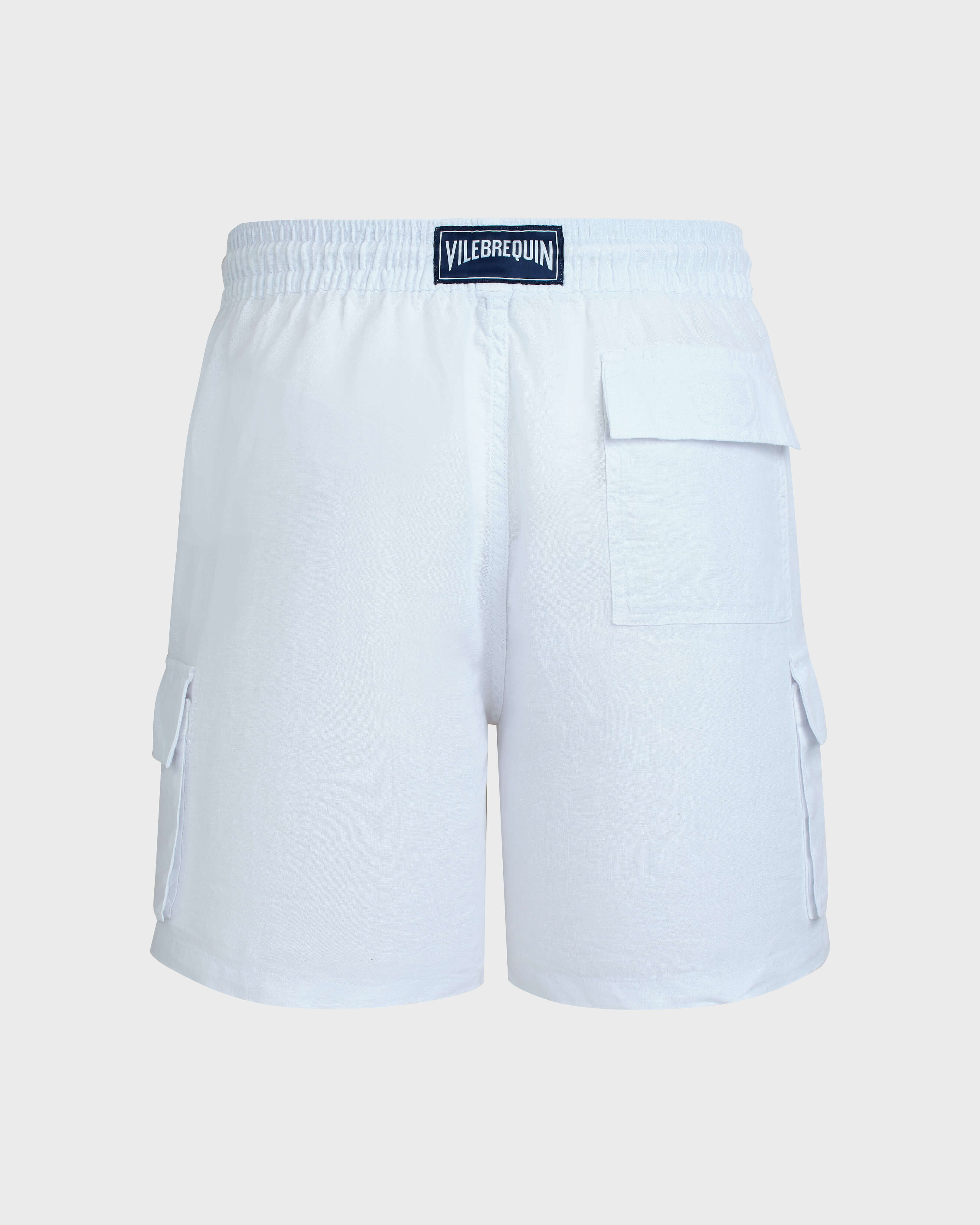 Men Linen Bermuda Shorts Cargo Pockets WHITE back view