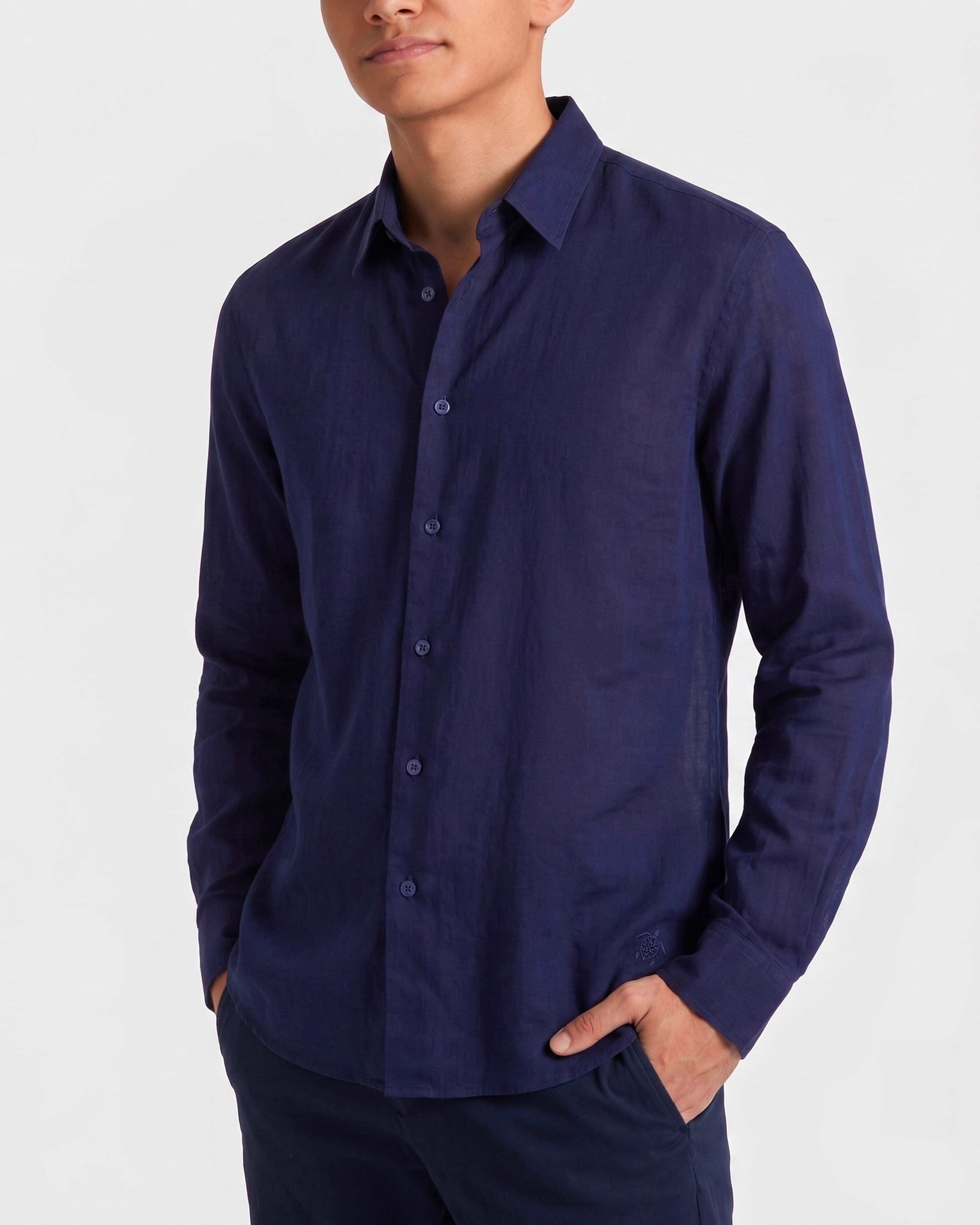 Cotton Voile Lightweight Shirt Solid NAVY frontworn view