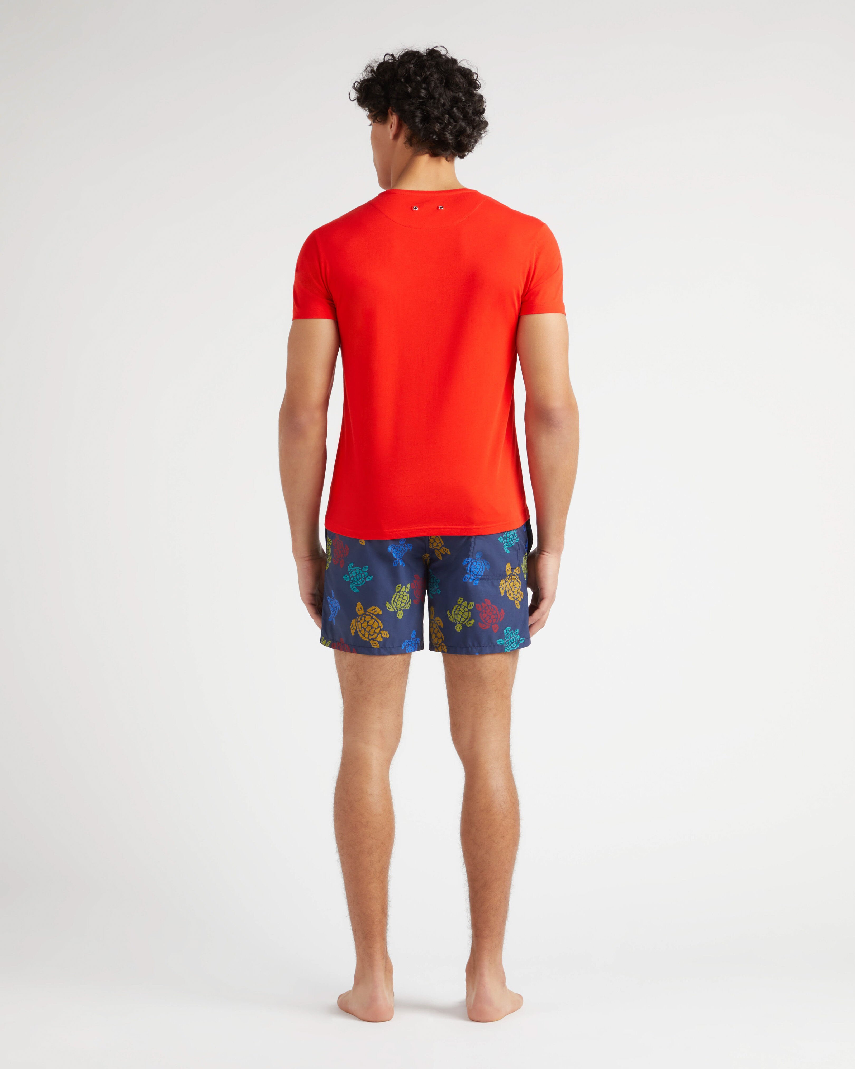 Men Organic Cotton T-Shirt Placed Embroidered Turtle POPPY RED backworn view
