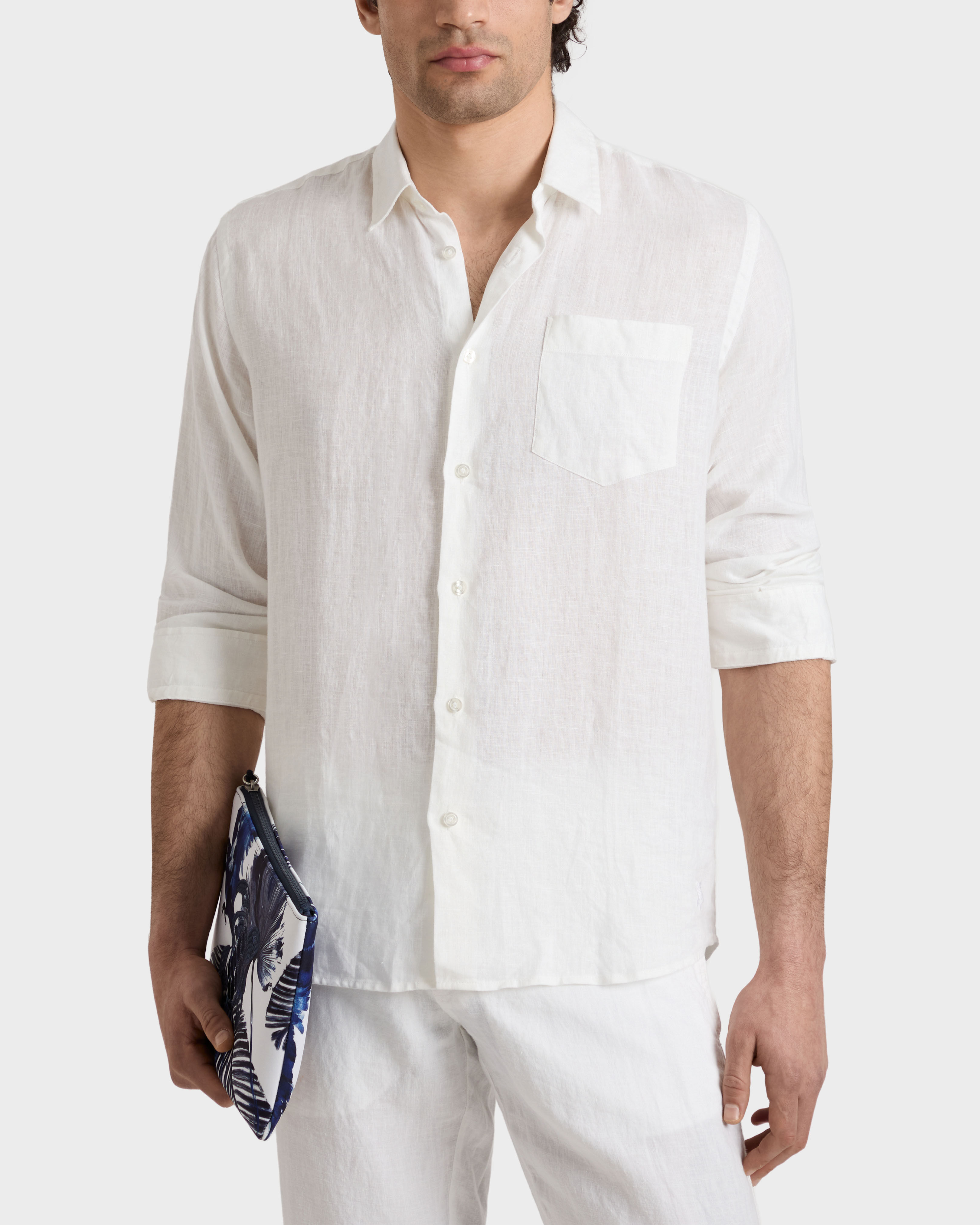 Men Linen Shirt Solid WHITE frontworn view