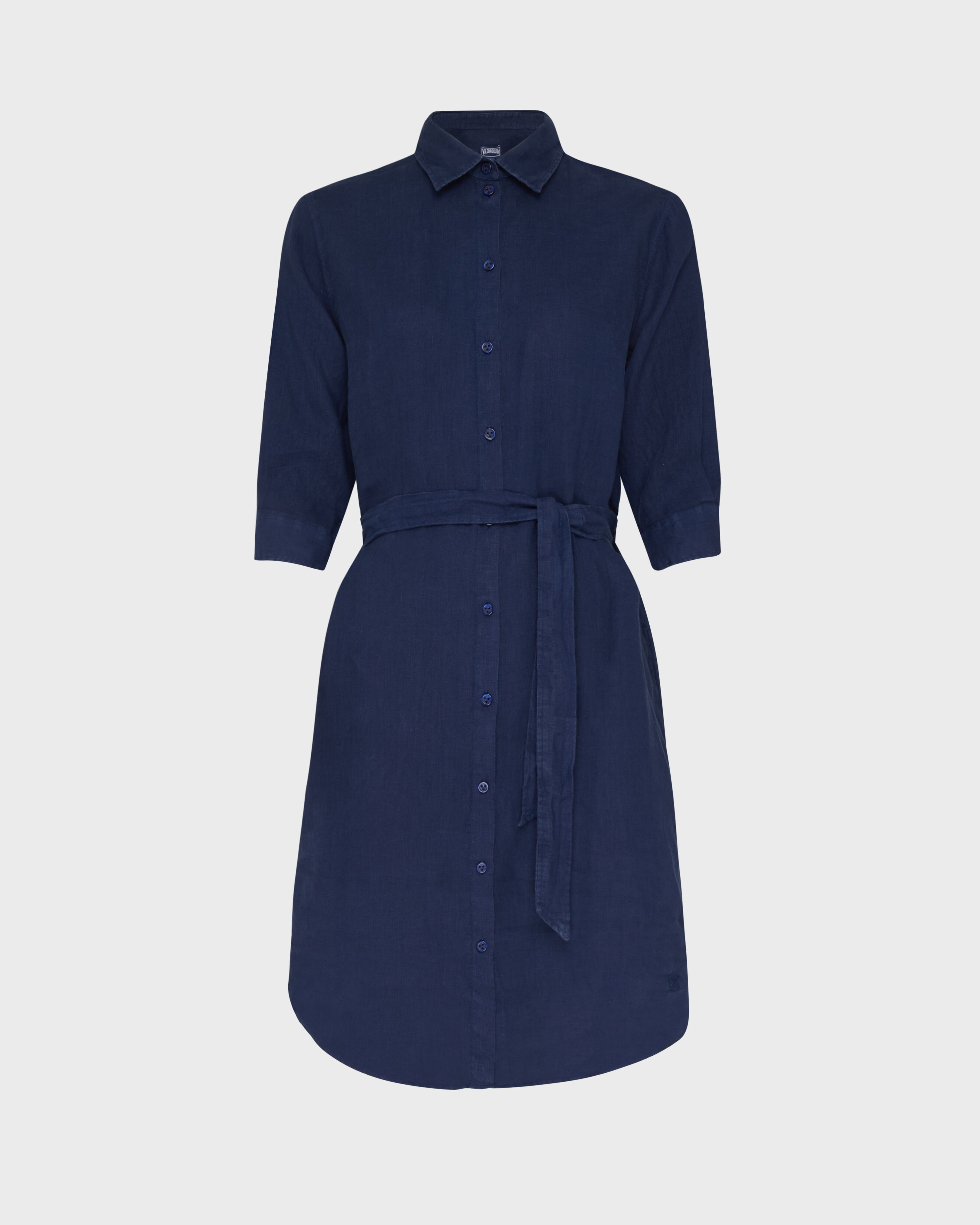 Vestido camisero de lino de color liso para mujer AZUL MARINO front view