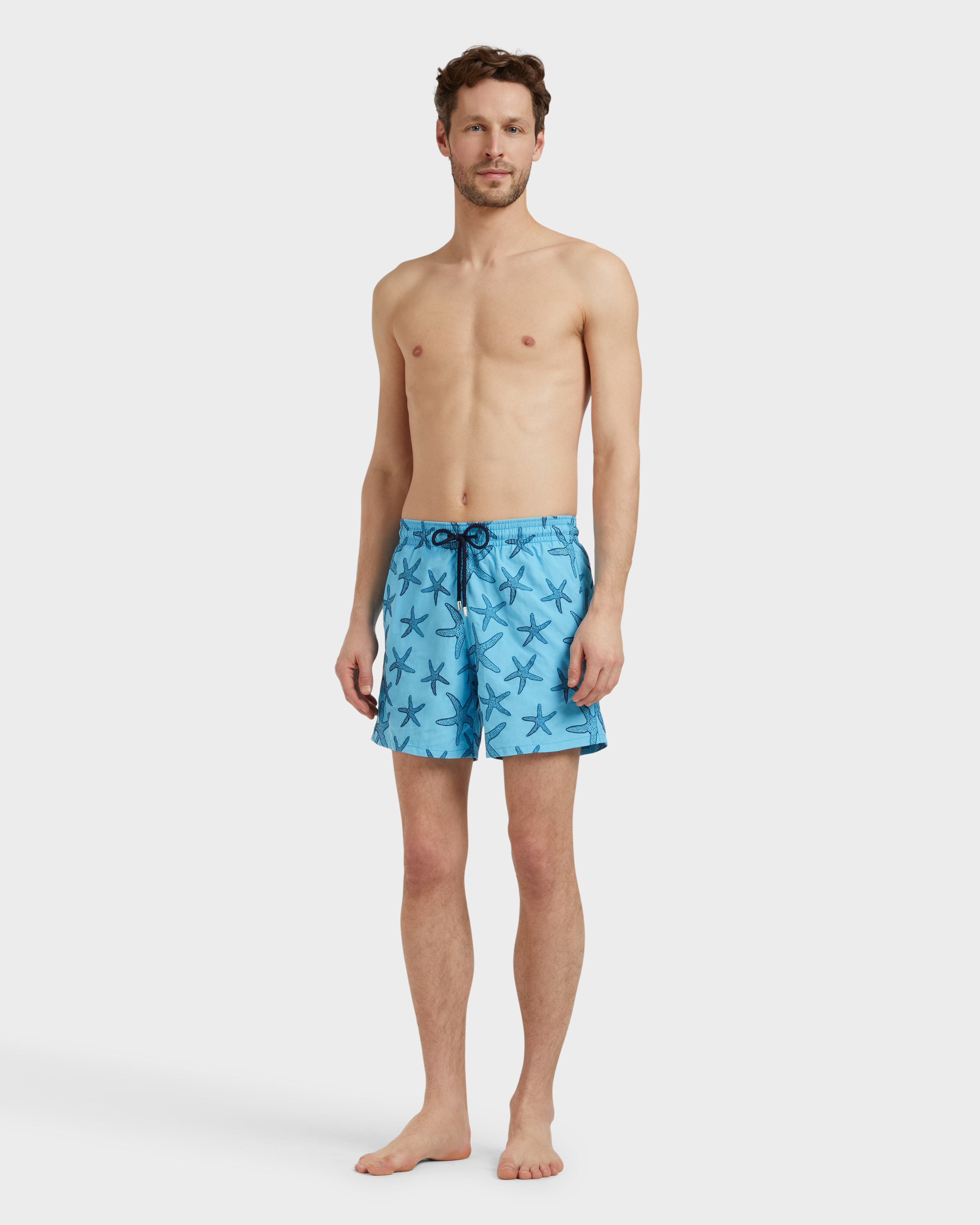 Men Swim Shorts Embroidered Starlettes- Limited Edition BLUE TOPAZ frontworn view