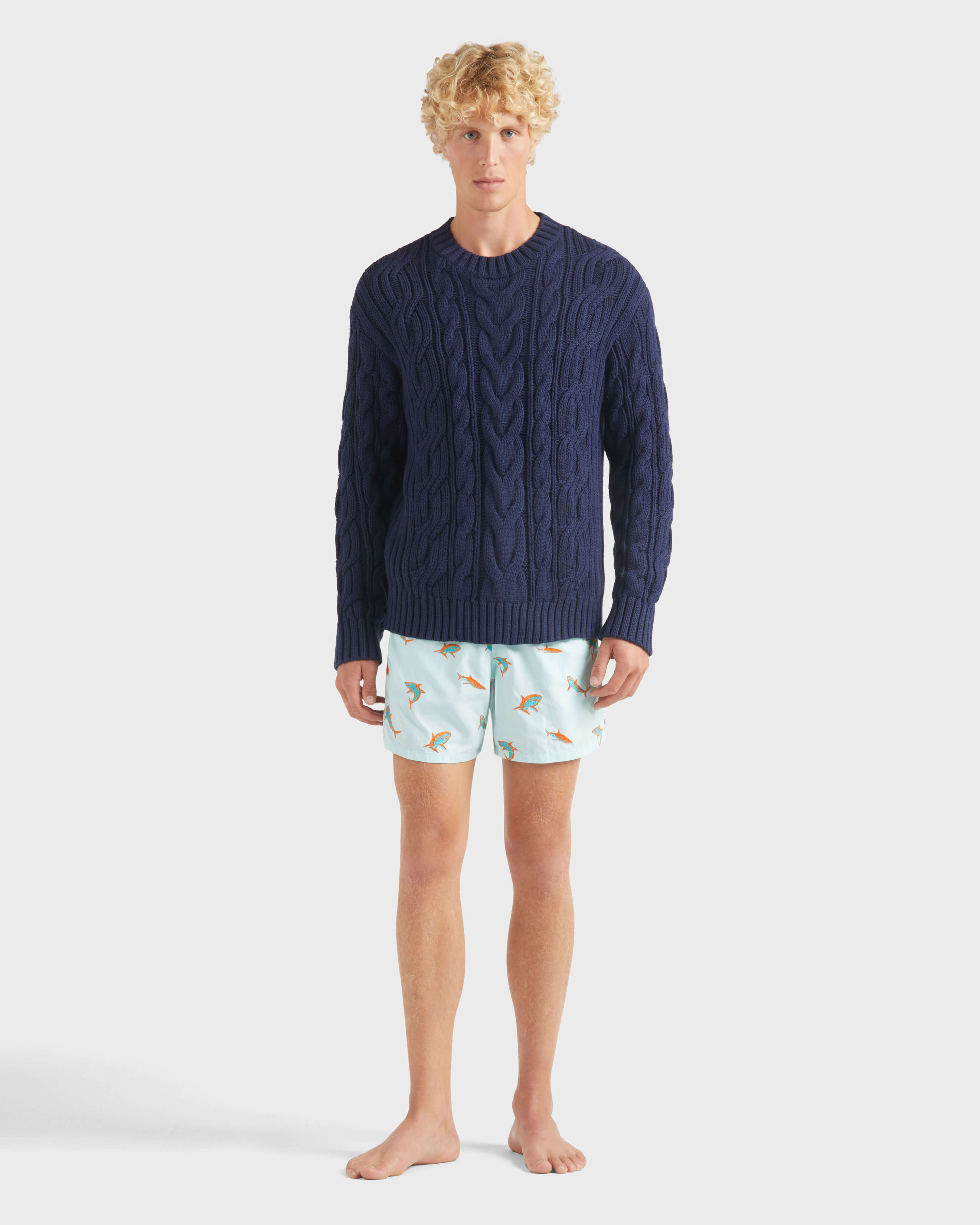 Men Cable-Knit Cotton Sweater NAVY frontworn view