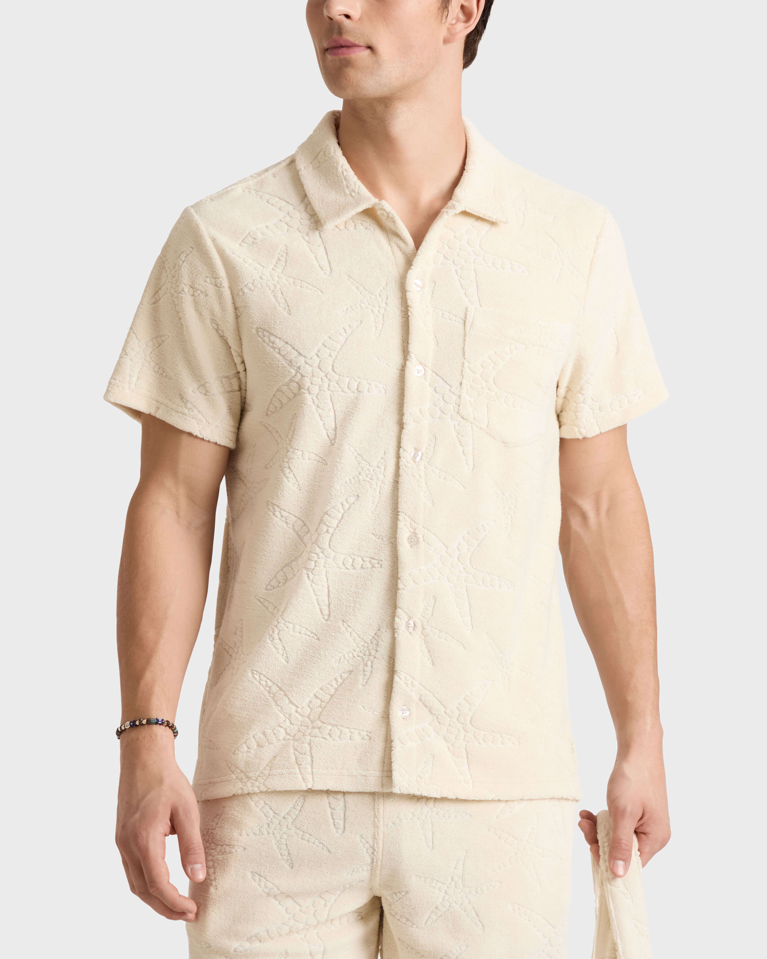 Men Terry Bowling Shirt Starfish Jacquard BRUME frontworn view