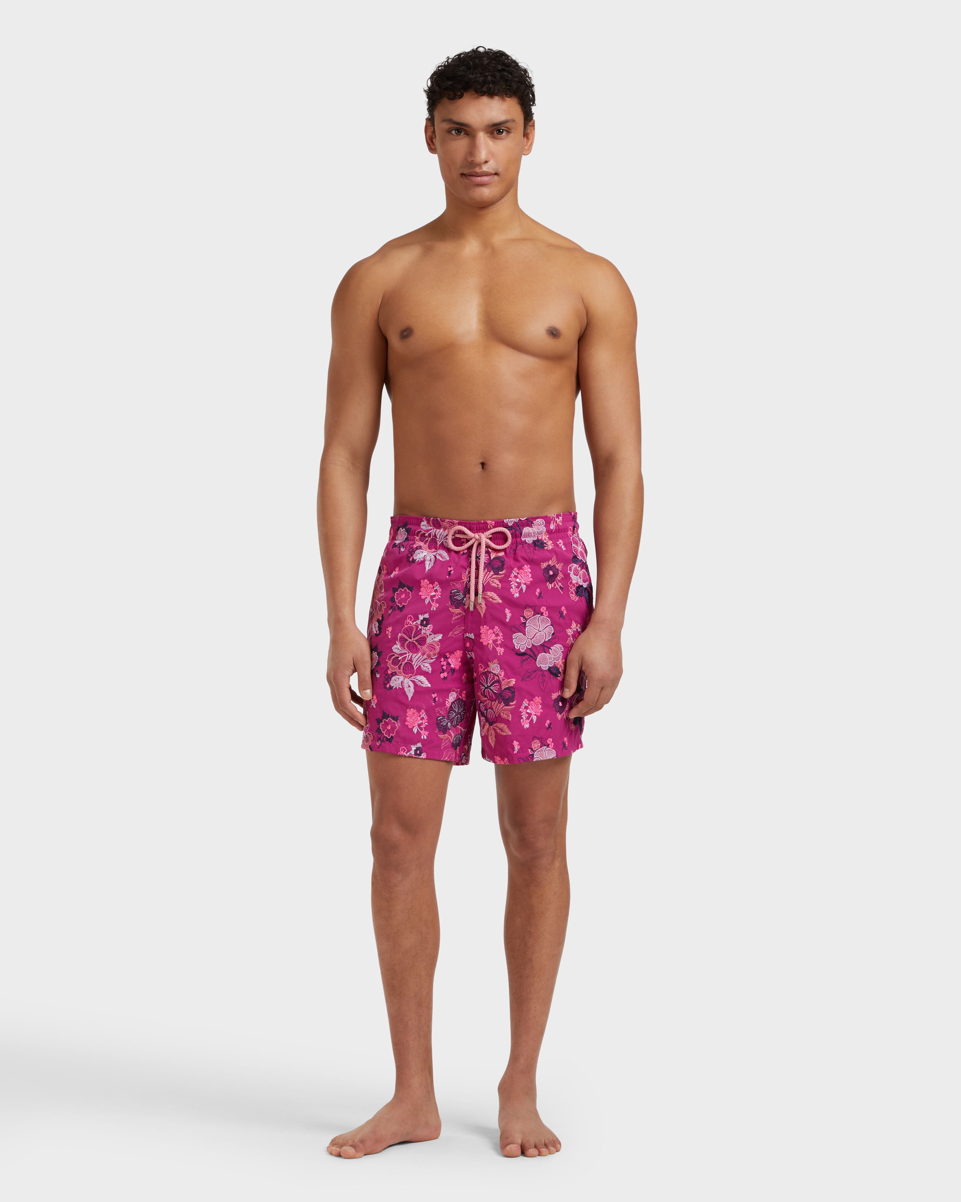 Men Swim Shorts Embroidered Flowers - Limited Edition CRIMSON PURPLE frontworn view