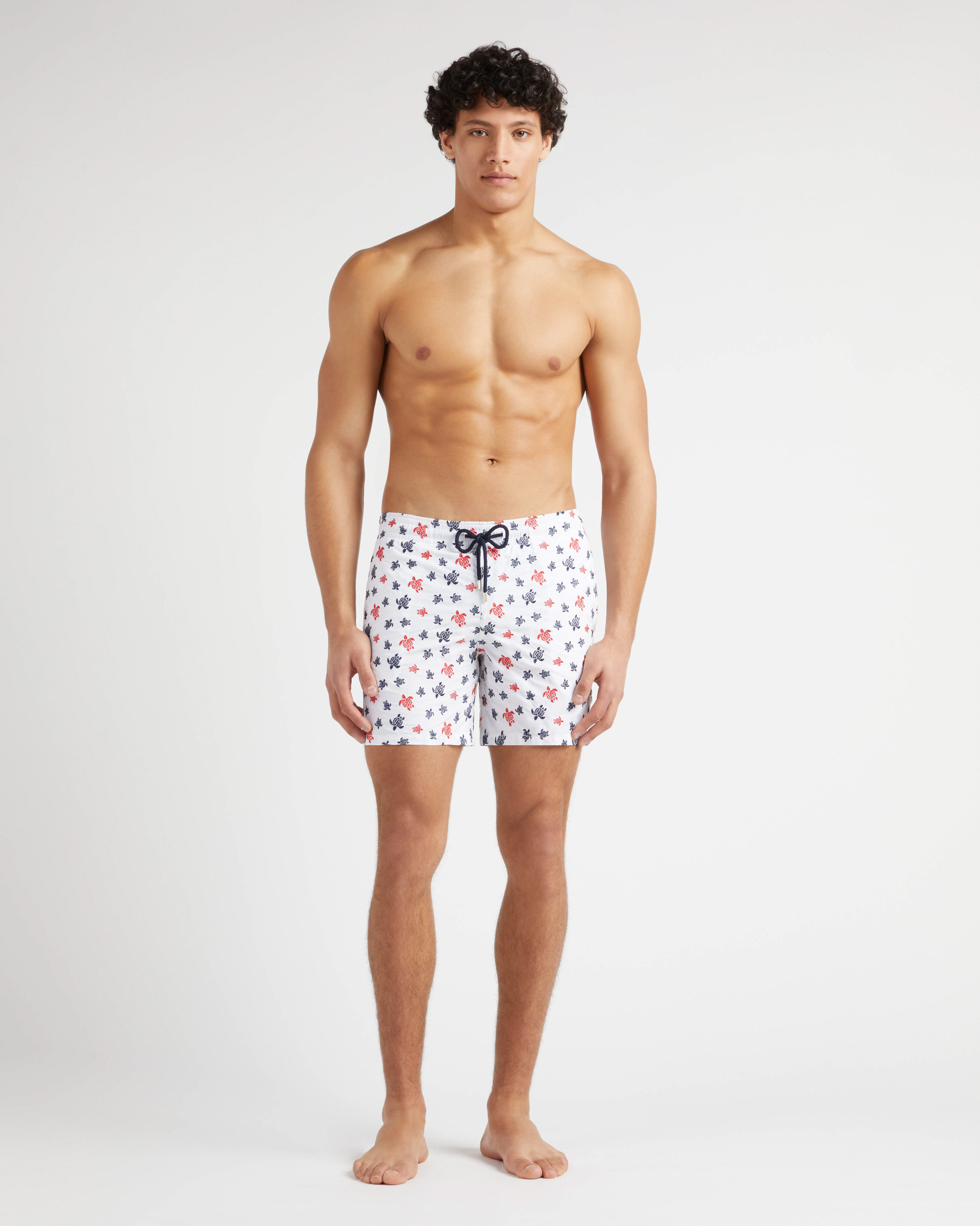 Men Swim Shorts Embroidered Micro Ronde des tortues - Limited Edition WHITE frontworn view
