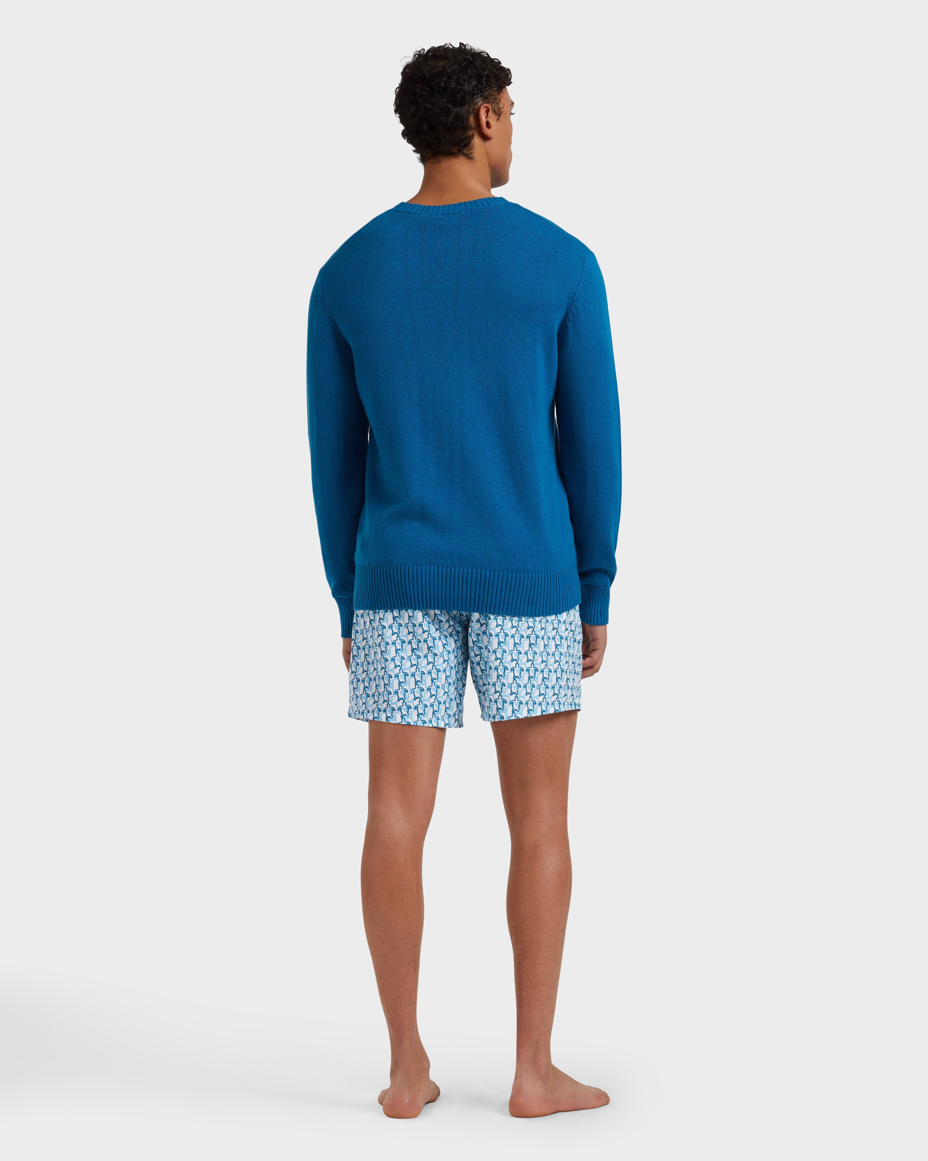 Men Crewneck Cotton and Cashmere Sweater Turtle PEACOCK backworn view