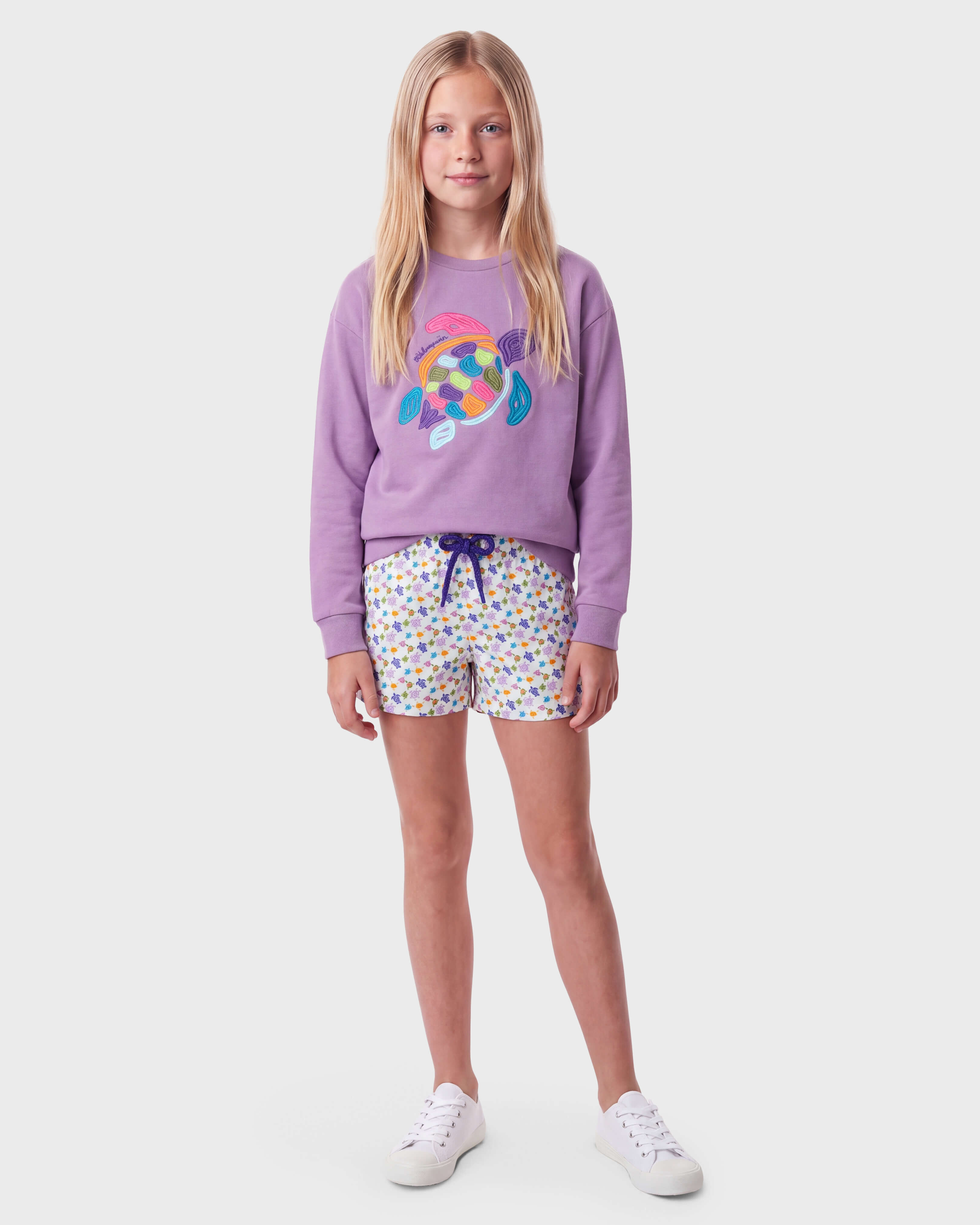 Girls Organic Cotton Crewneck Sweater Multico Big Turtle ORCHID frontworn view
