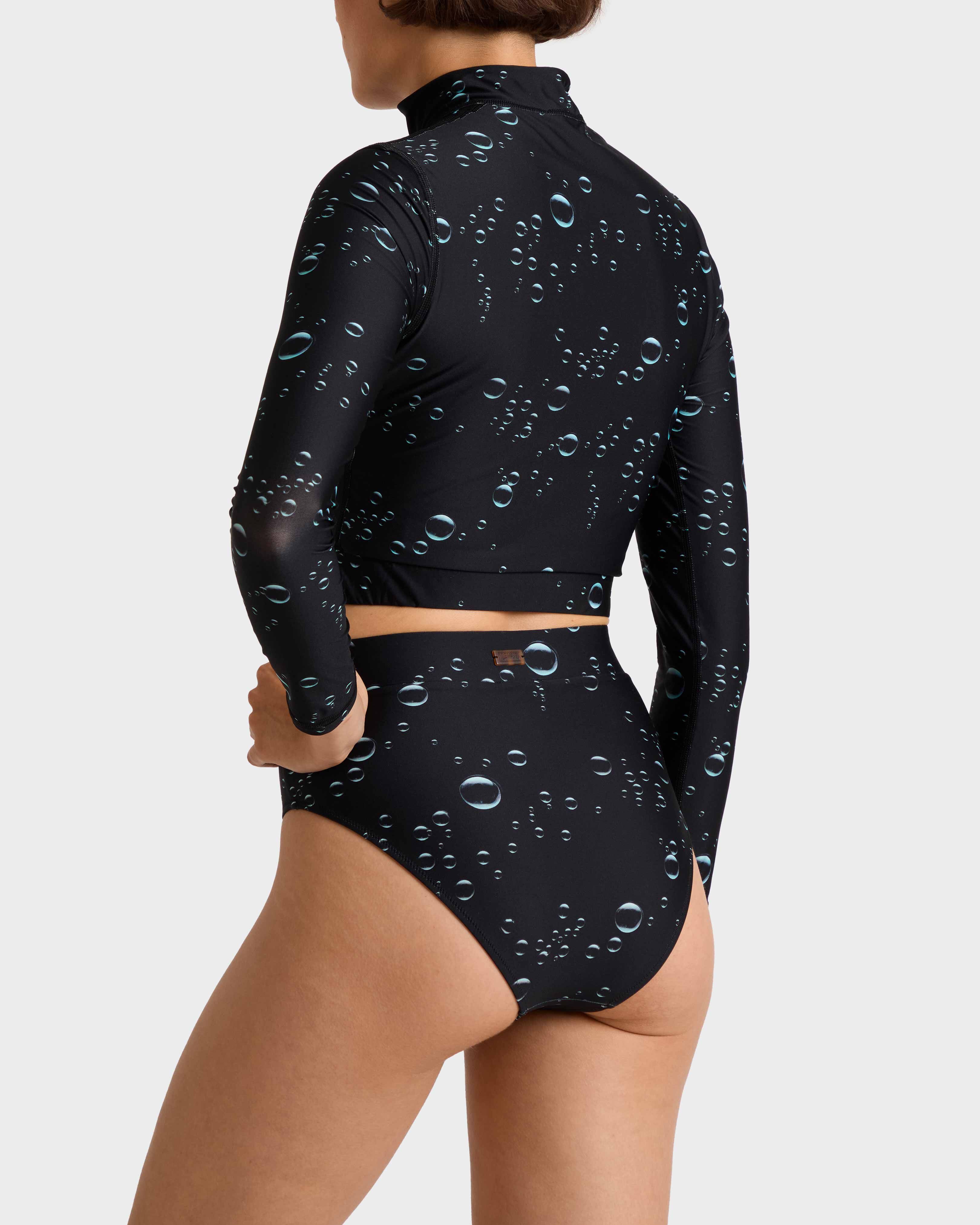 Top corto de baño con cremallera integral y estampado Bubble 3D para mujer NEGRO backworn view