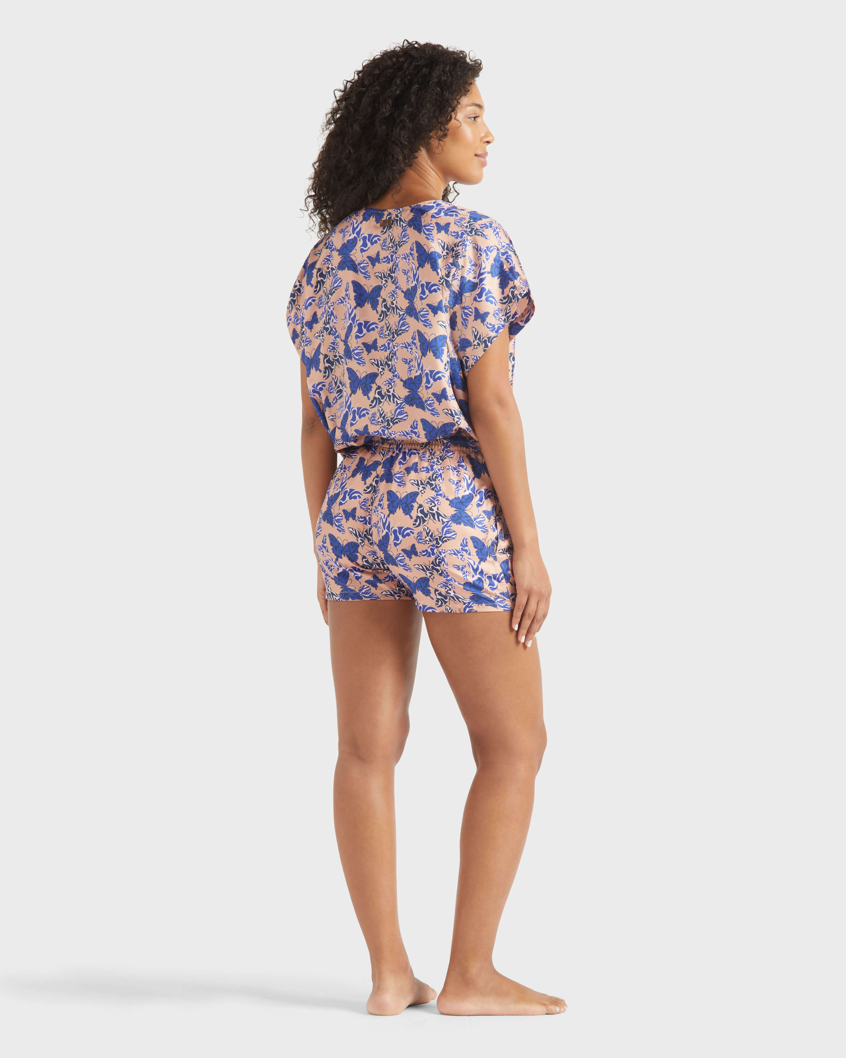 Women Silk Bermuda Shorts Disco Butterflly BLUSH backworn view