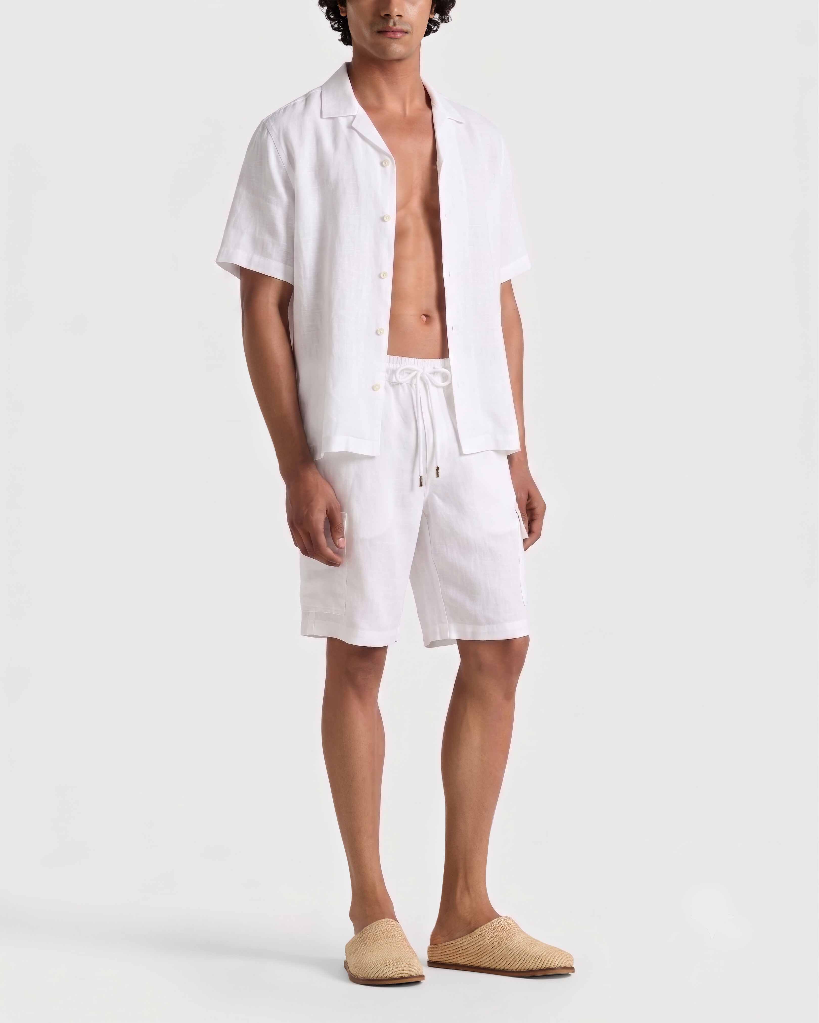 Men Linen Bermuda Shorts Cargo Pockets WHITE frontworn view