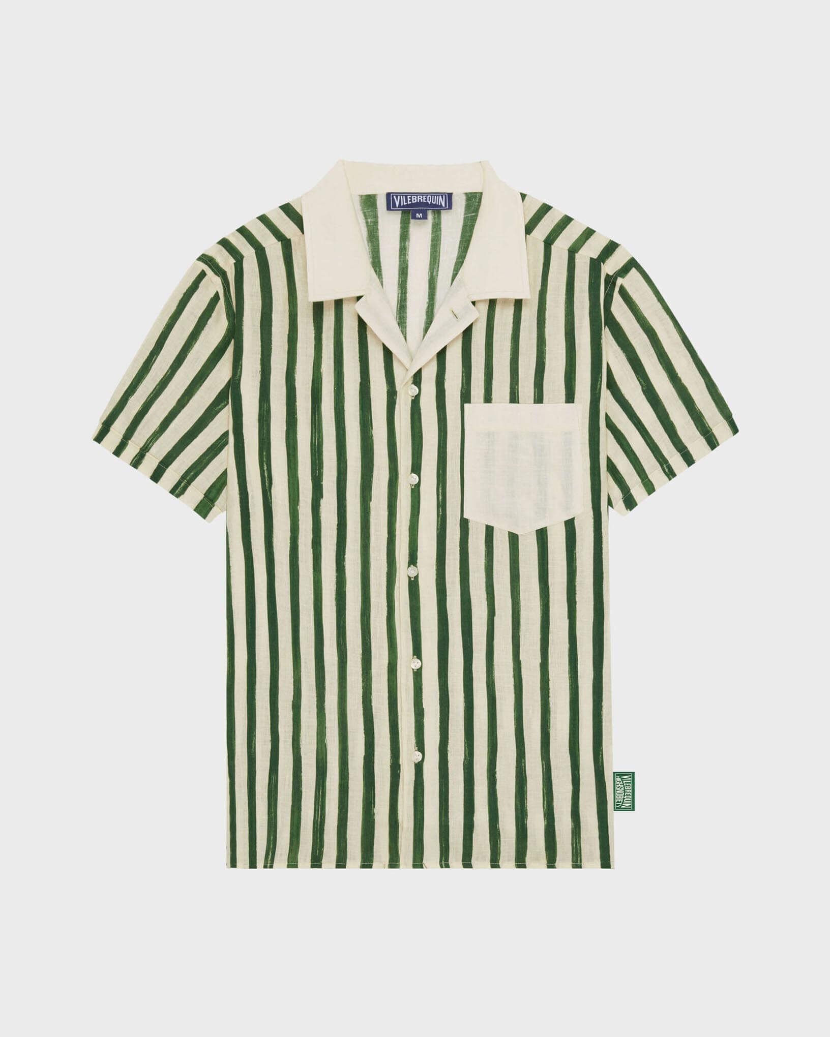Men Linen Bowling Shirt HS Stripes - Vilebrequin x Highsnobiety GARDEN front view