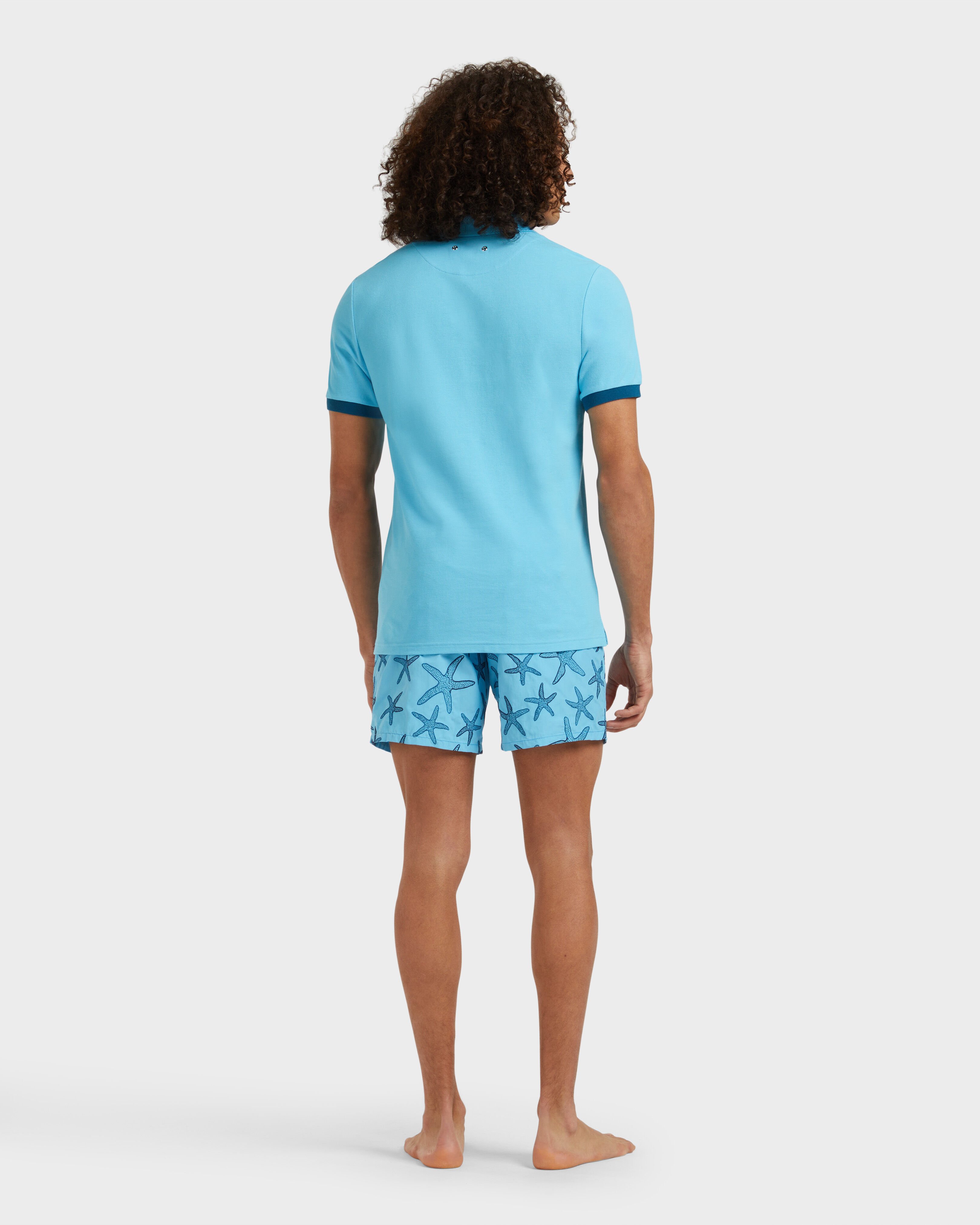 Men Cotton Pique Polo Shirt Solid BLUE TOPAZ backworn view