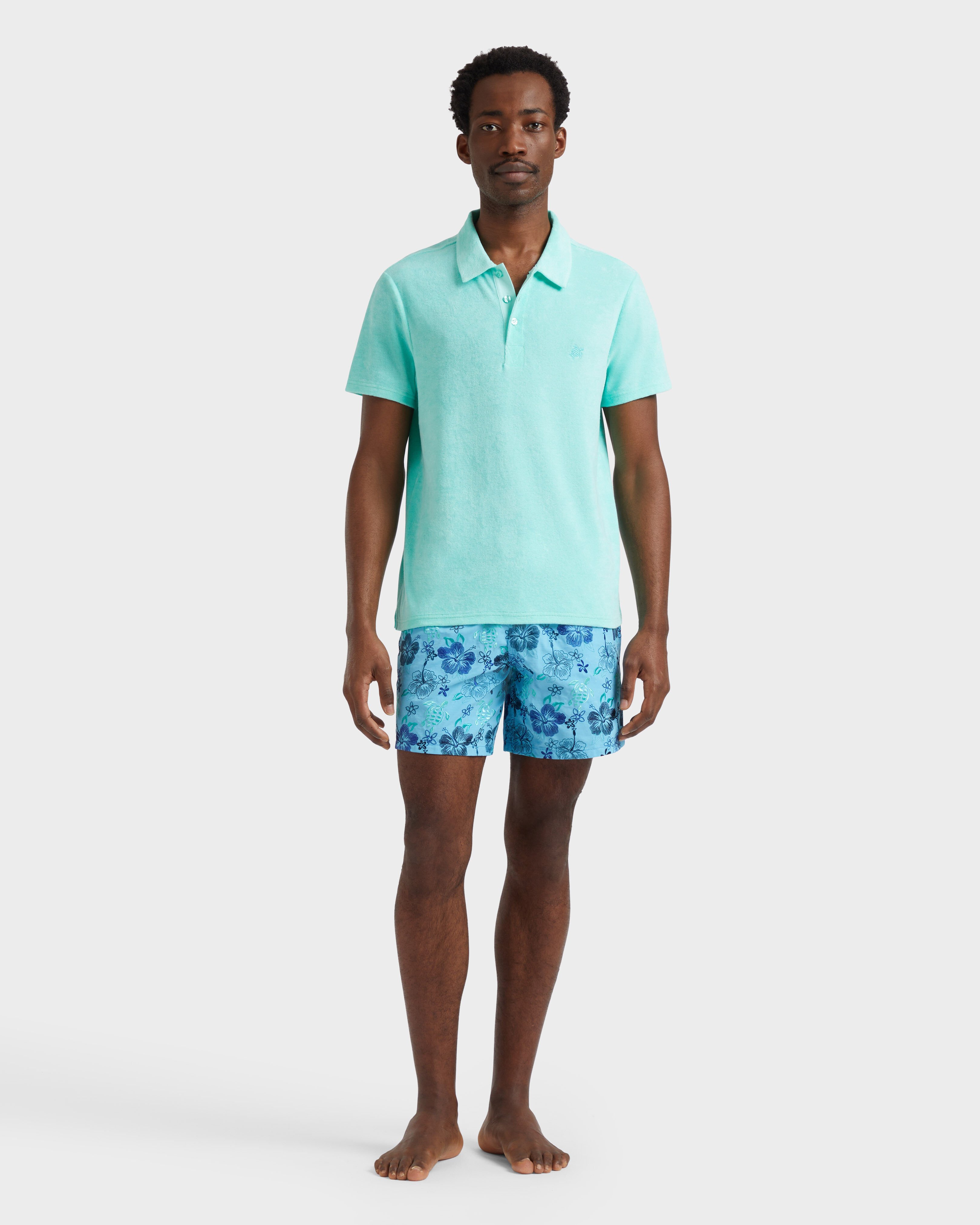 Men Terry Polo Shirt Solid CARIBBEAN frontworn view