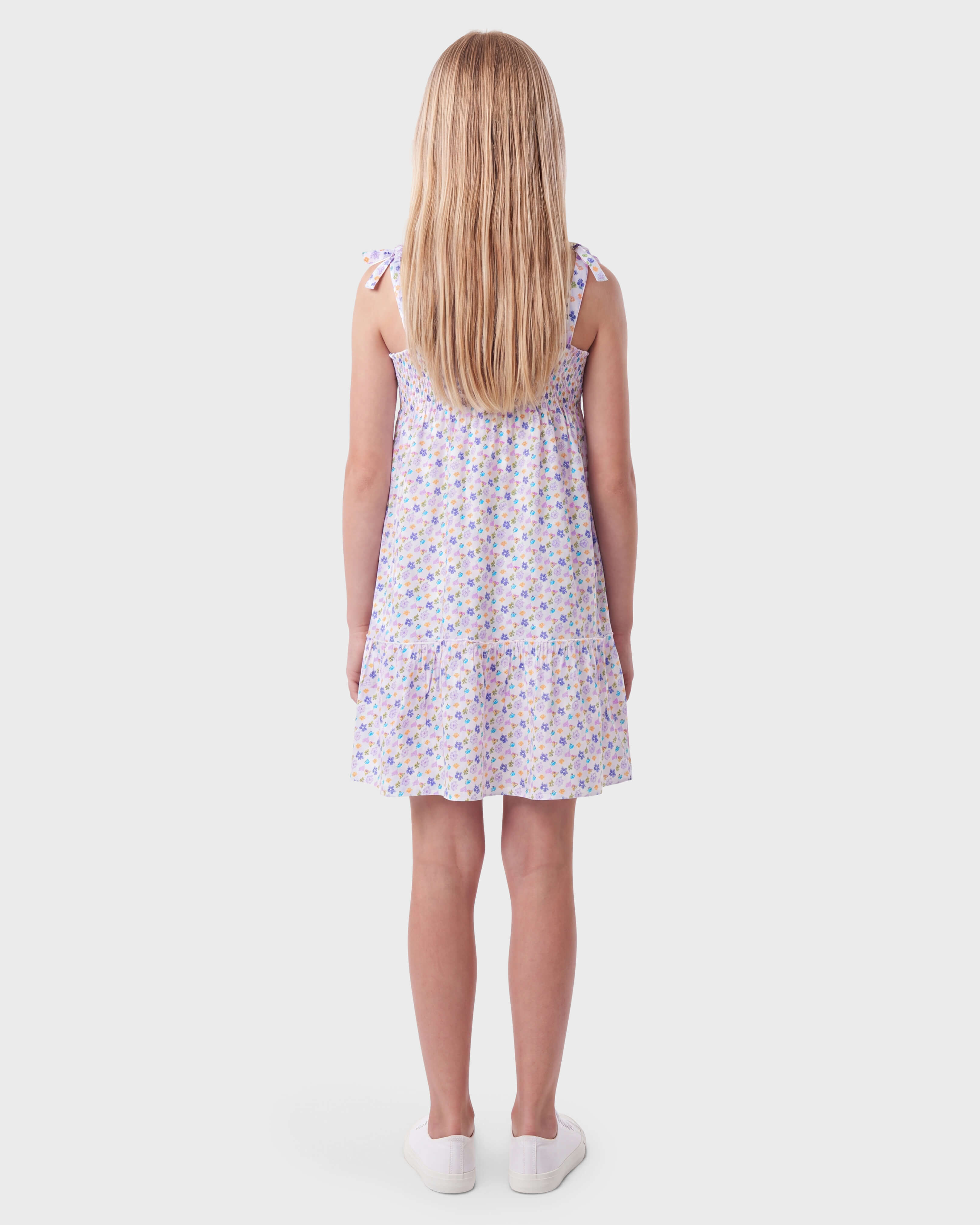 Girls Organic Cotton voile Dress Micro Ronde des Tortues WHITE backworn view
