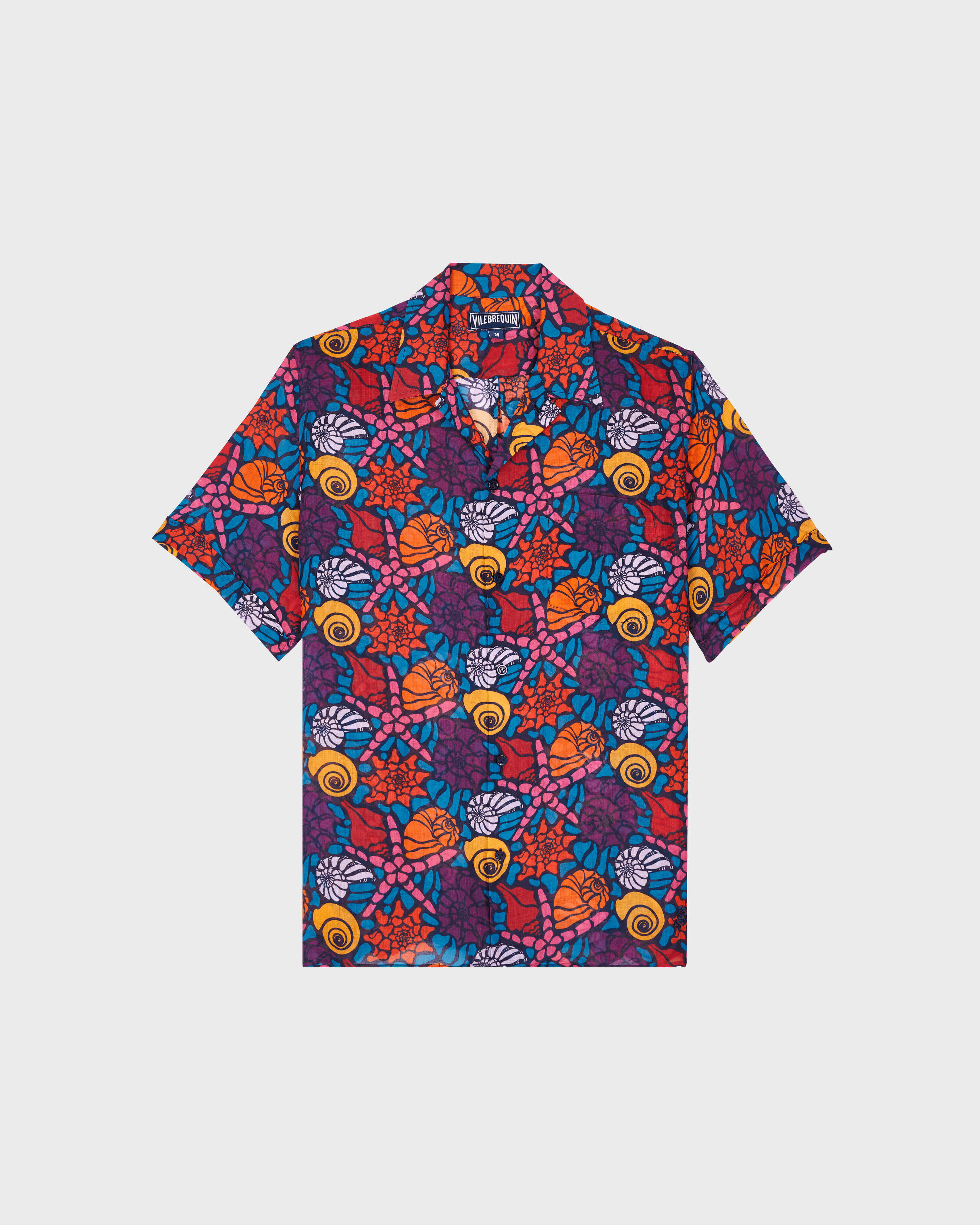 Men Bowling Linen Shirt Noumea Sea Shells BLU MARINE front view