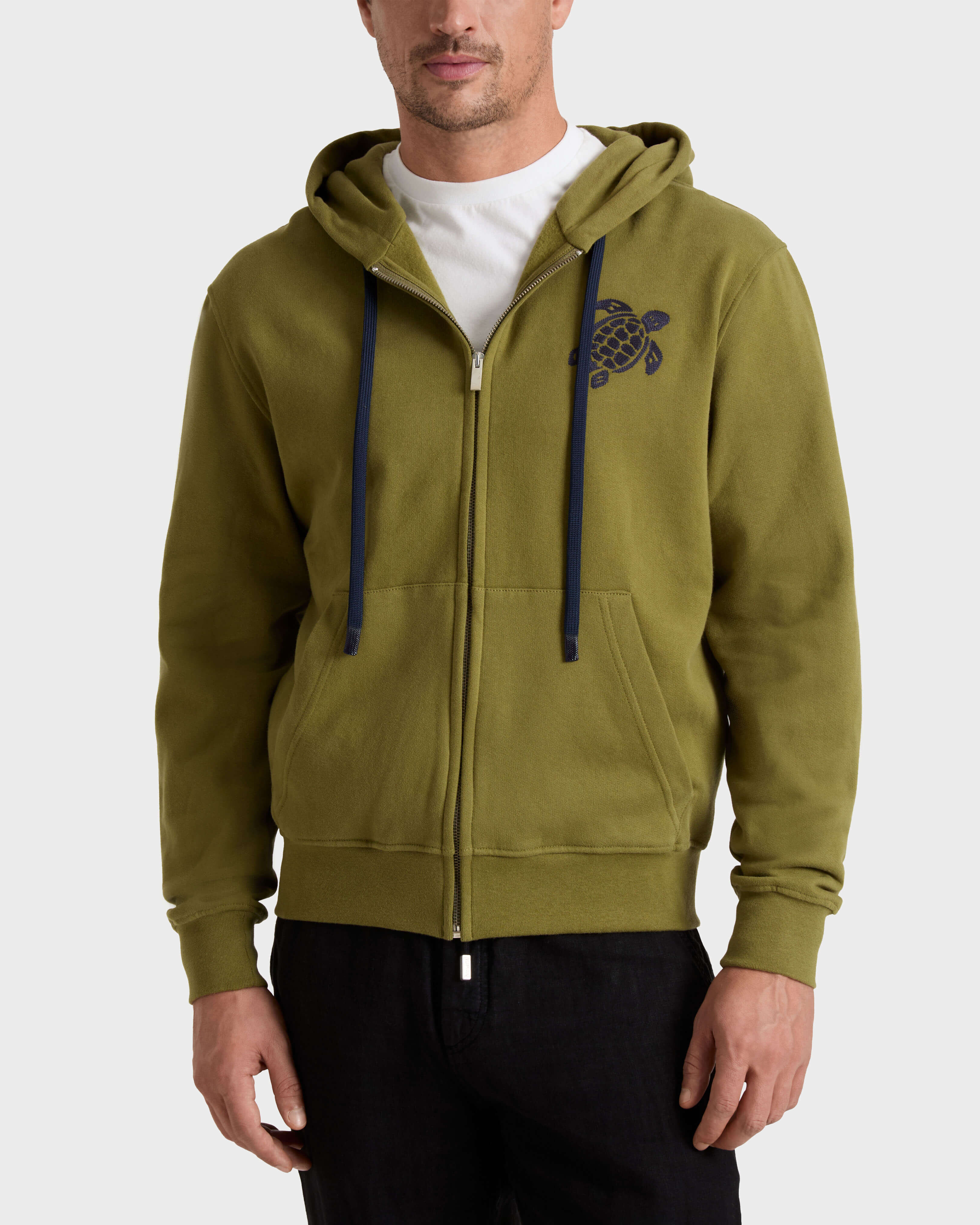 Baumwoll-Cardigan mit durchgehendem Reißverschluss und großer Schildkrötenstickerei für Herren KHAKI frontworn view