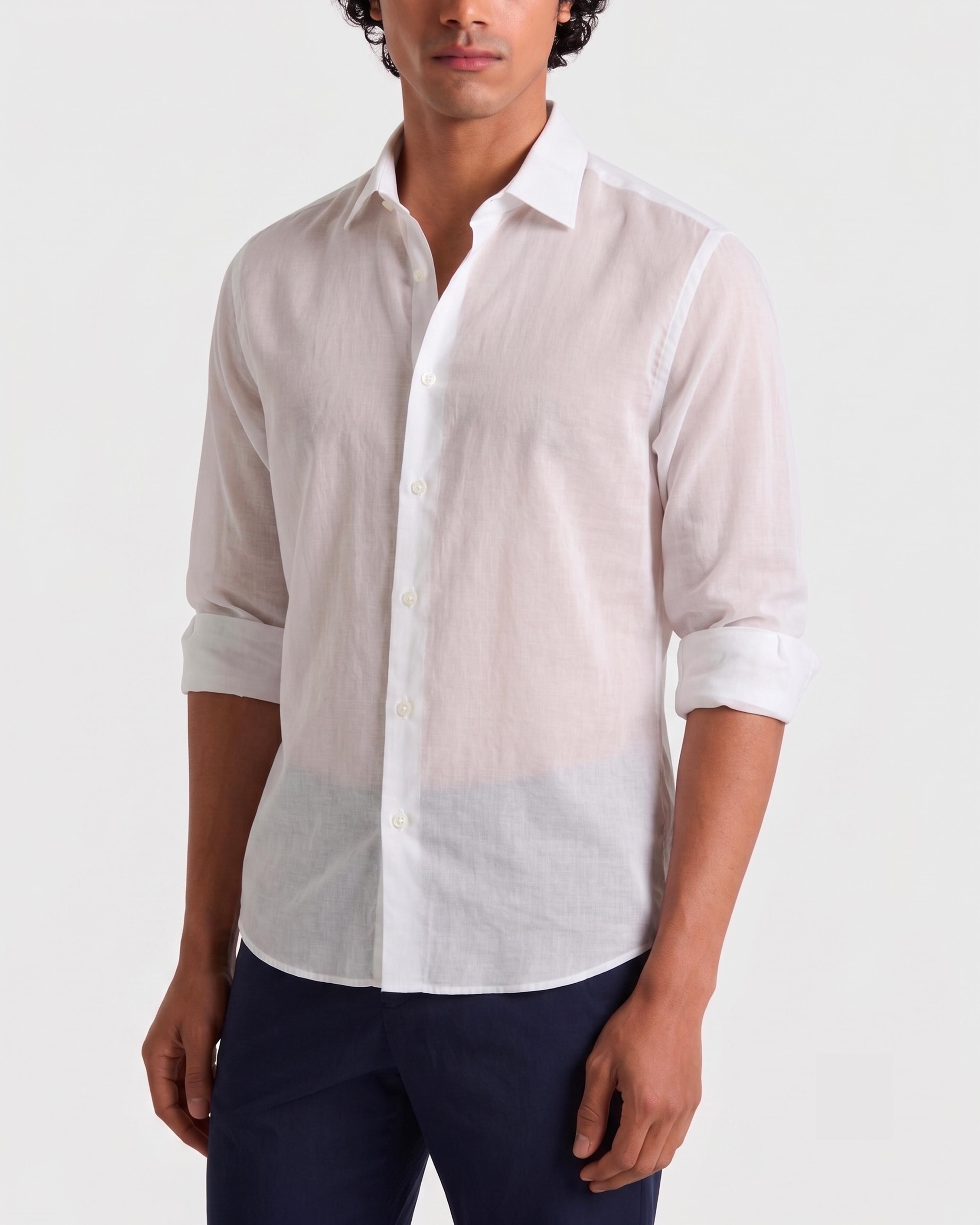 Camisa ligera en gasa de algodón de color liso BLANCO frontworn view