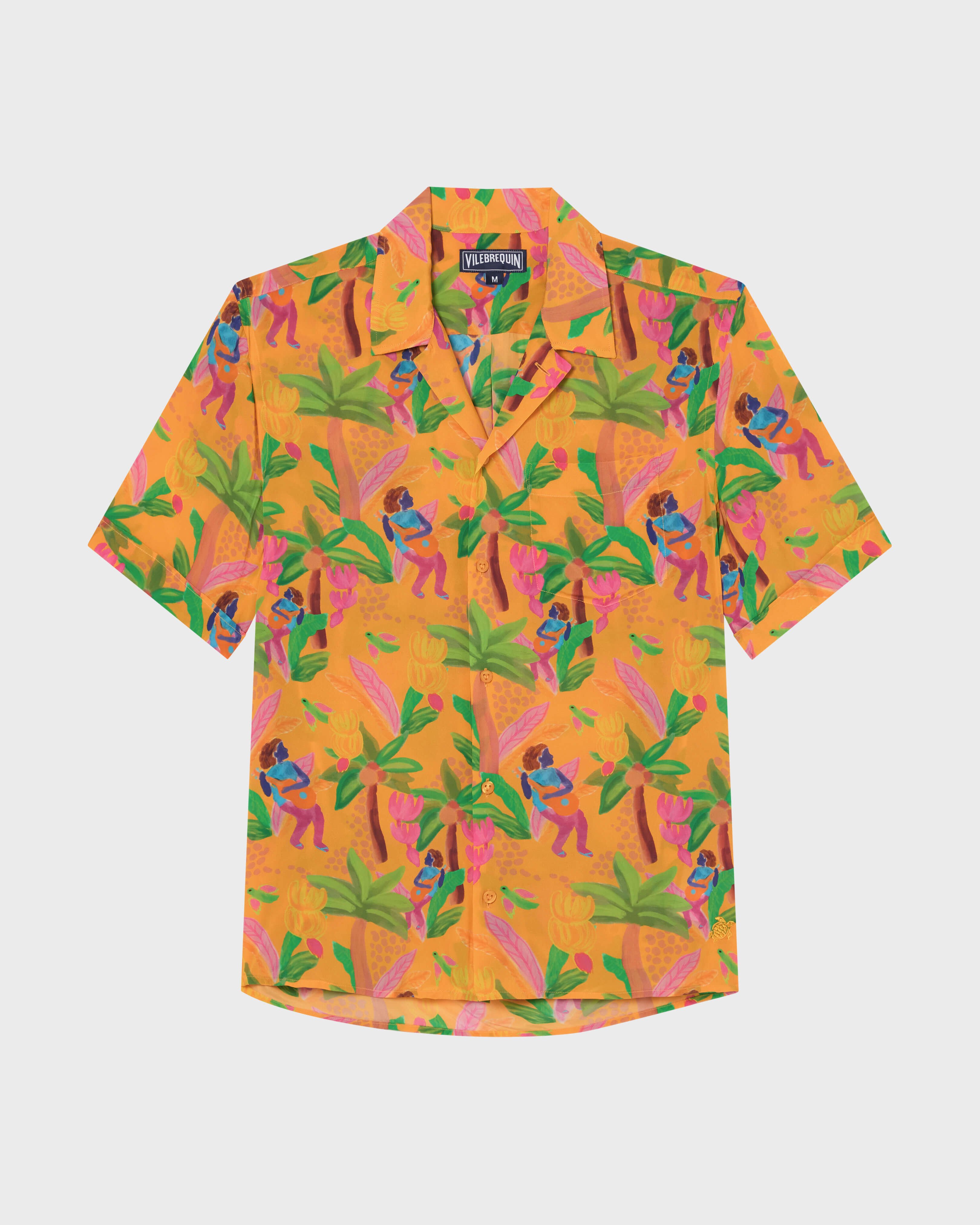 Camisa de bolos en seda habutai de viscosa con estampado Tropicalia para hombre MANGO front view