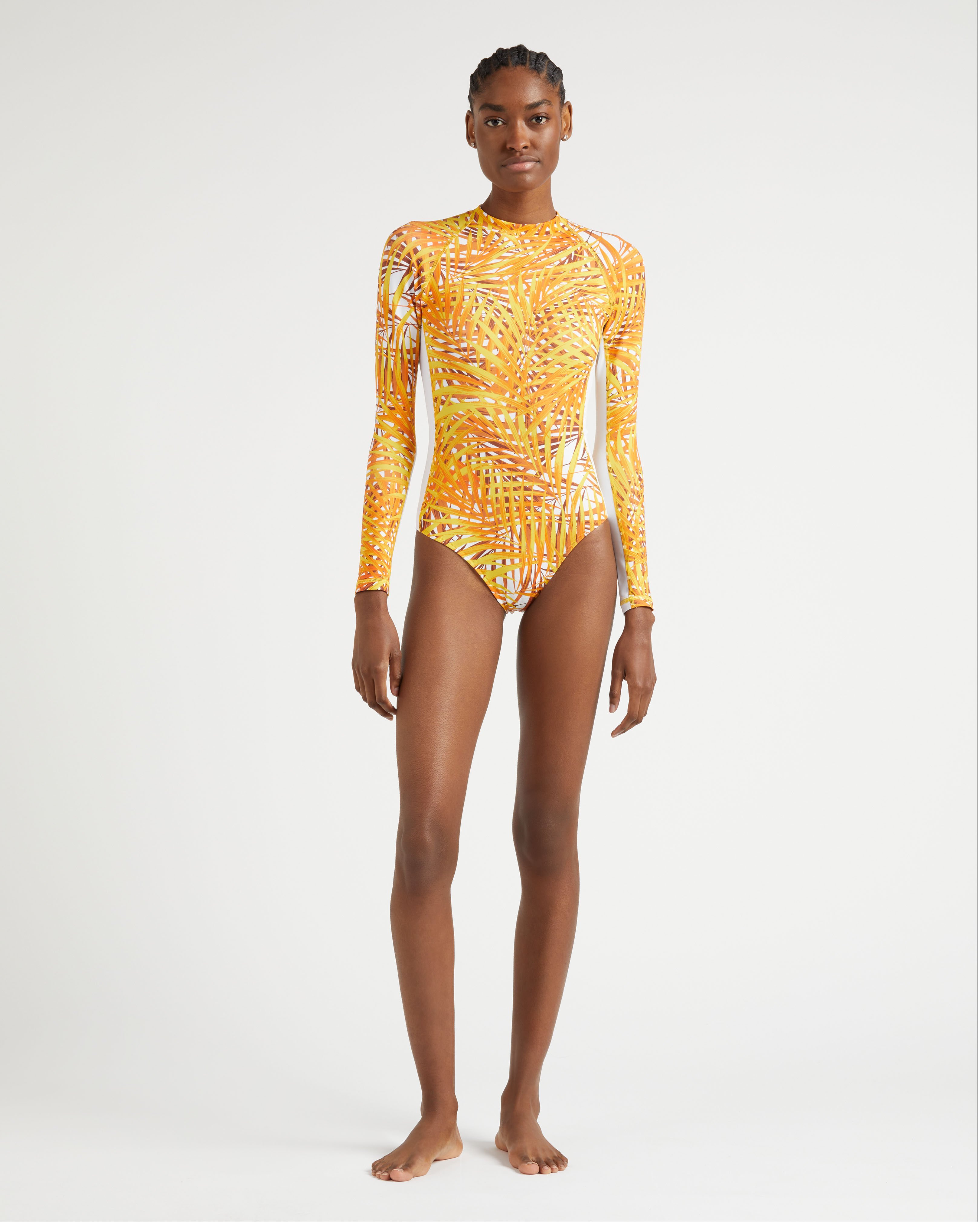 Women UV Protection One-piece Rashguard Palm Leaves MANGO frontworn view