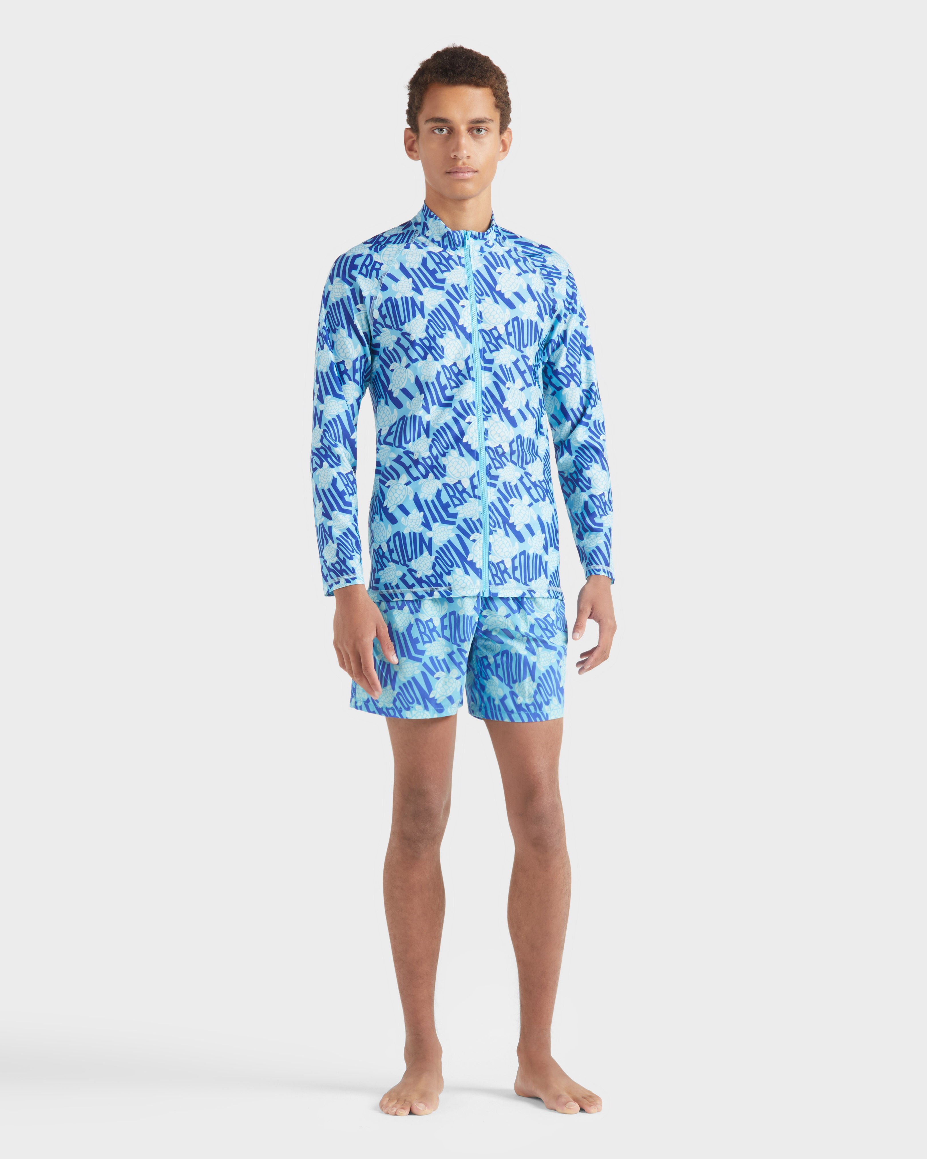 Men Full Zip UV-Protection Rashguard Ronde des tortues Logo BLUE TOPAZ frontworn view