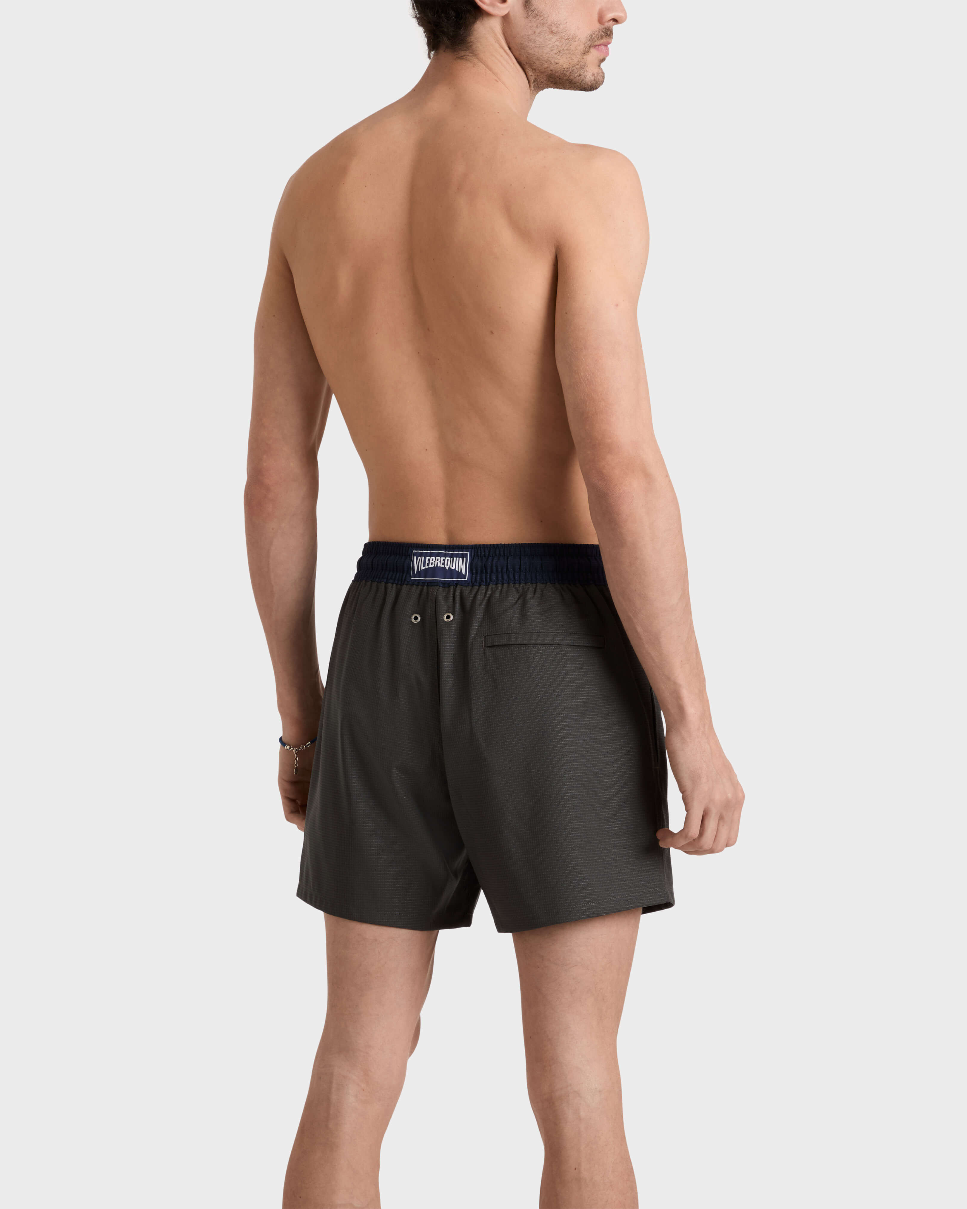 Men Ultrafine Wool Swim Shorts Micro Carreaux Tailoring KHAKI backworn view