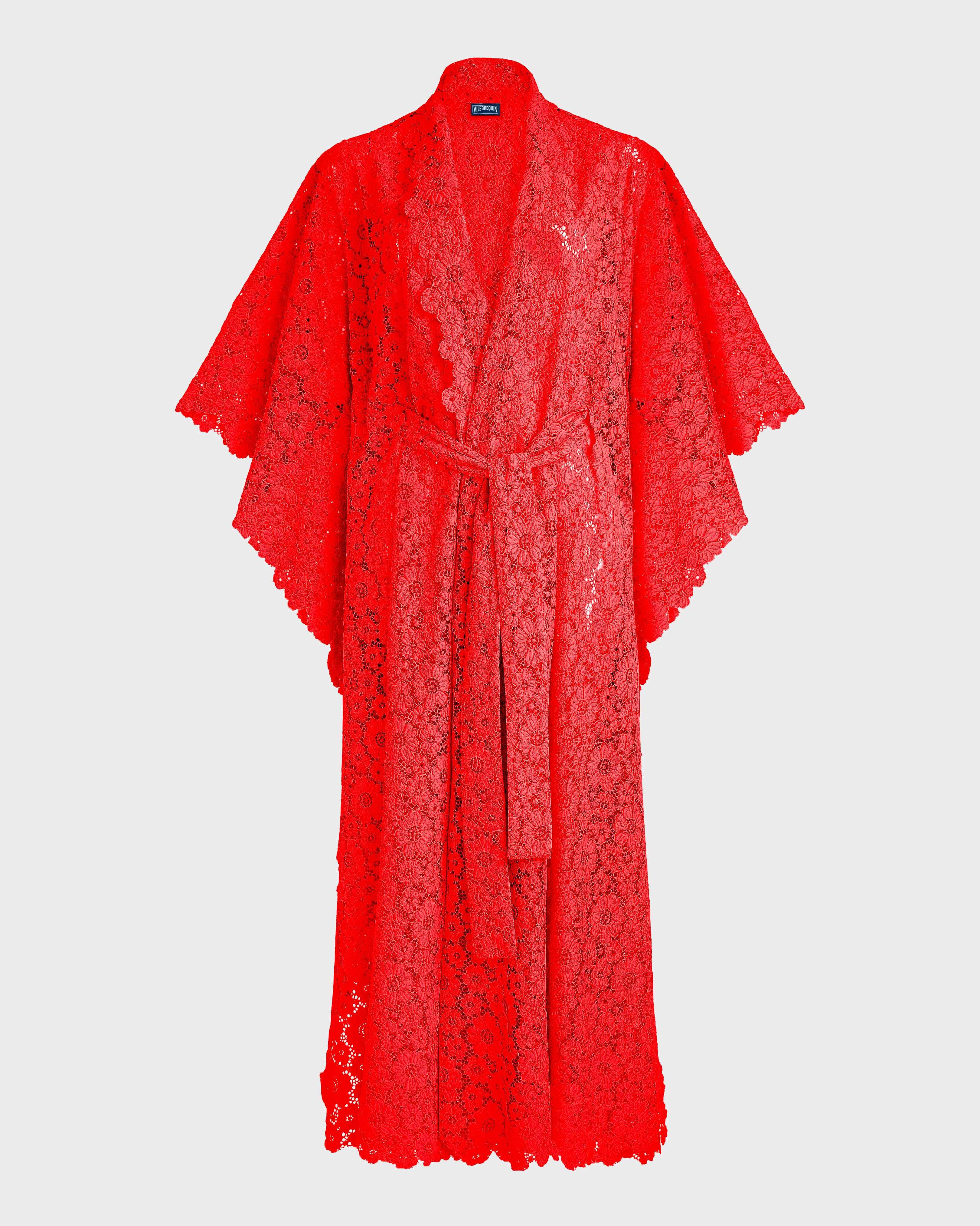 Women Guipure Kimono Flowers Lace POPPY RED front view