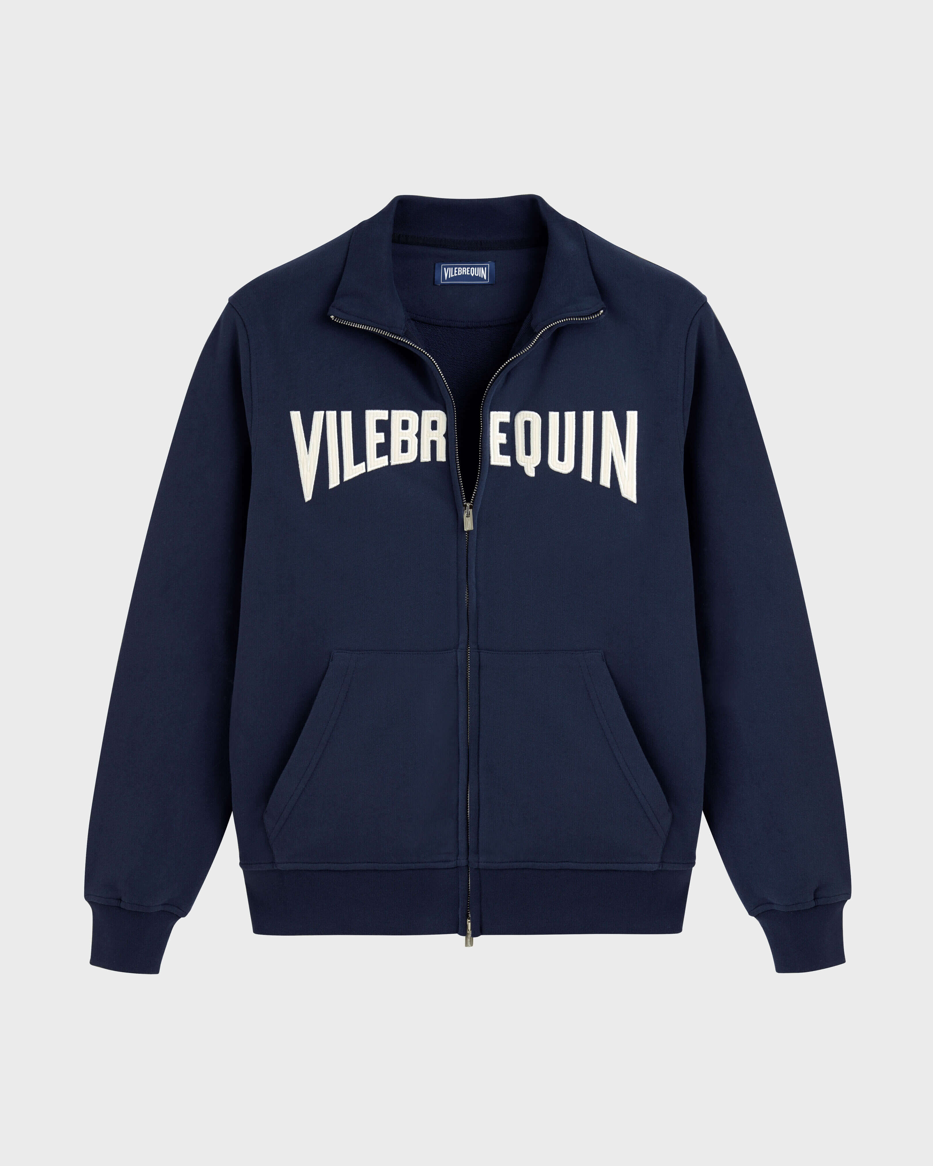 Men Cotton Full Zip Sweatshirt Stitched Logo NAVY front view