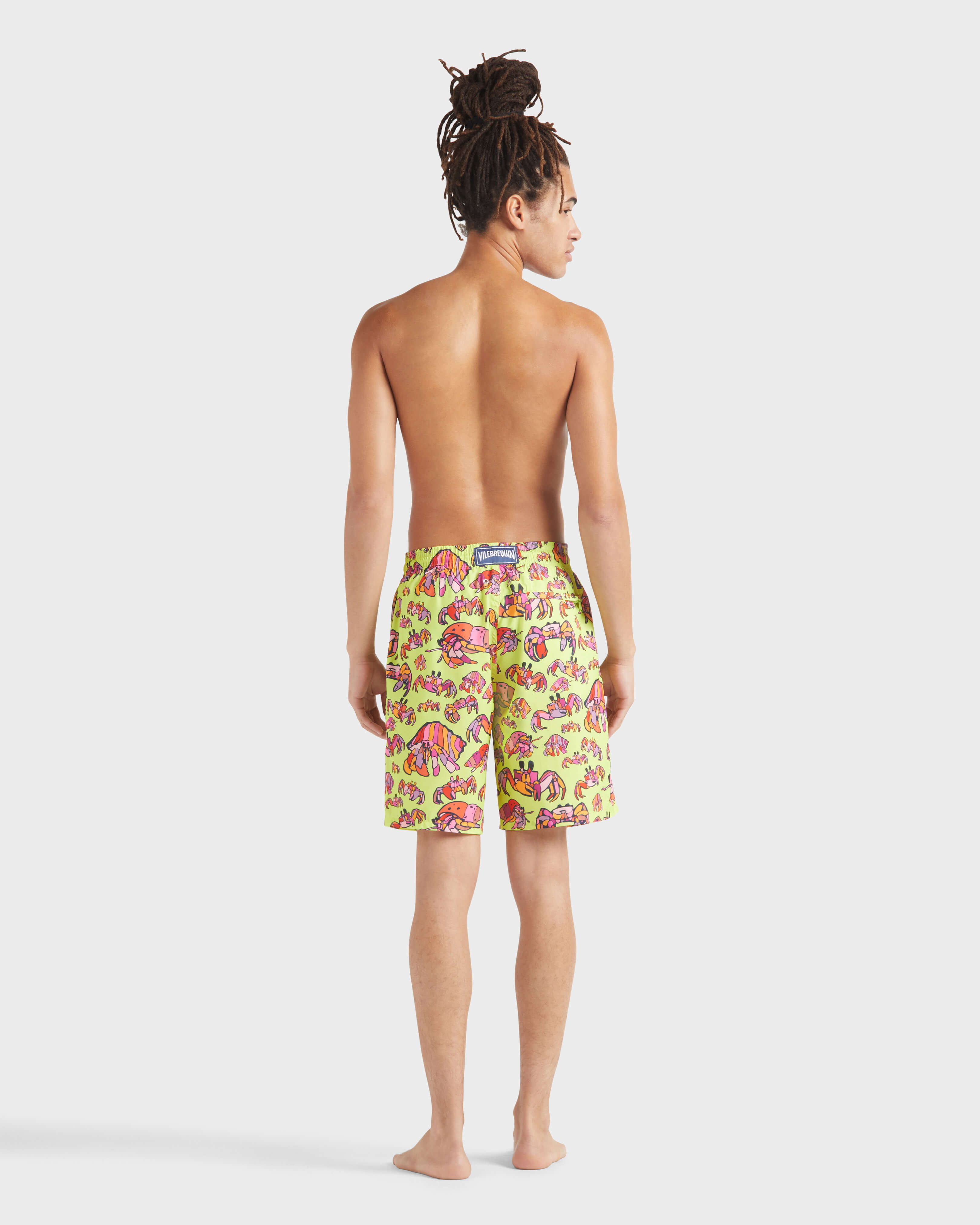 Men Long Ultra-light and packable Swim trunks Hermit Crabs CHARTREUSE backworn view
