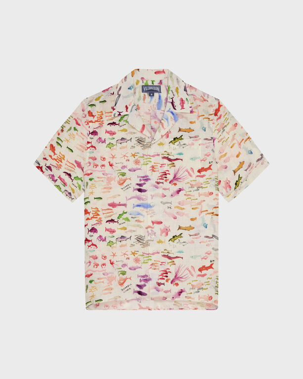 Vilebrequin - Men Linen Bowling Shirt Pescador - Vilebrequin X Fabrice Hyber - Shirt - Charli - White - Size S